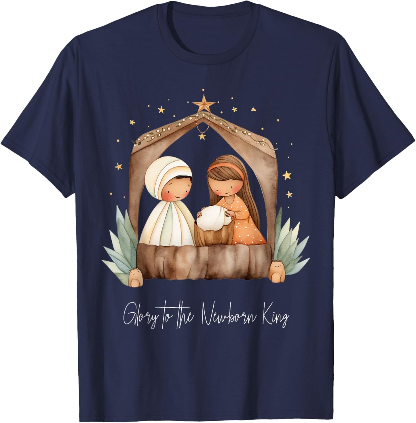 Boho Nativity Scene Glory to the Newborn King Christmas T-Shirt - T-Shirt | Navy