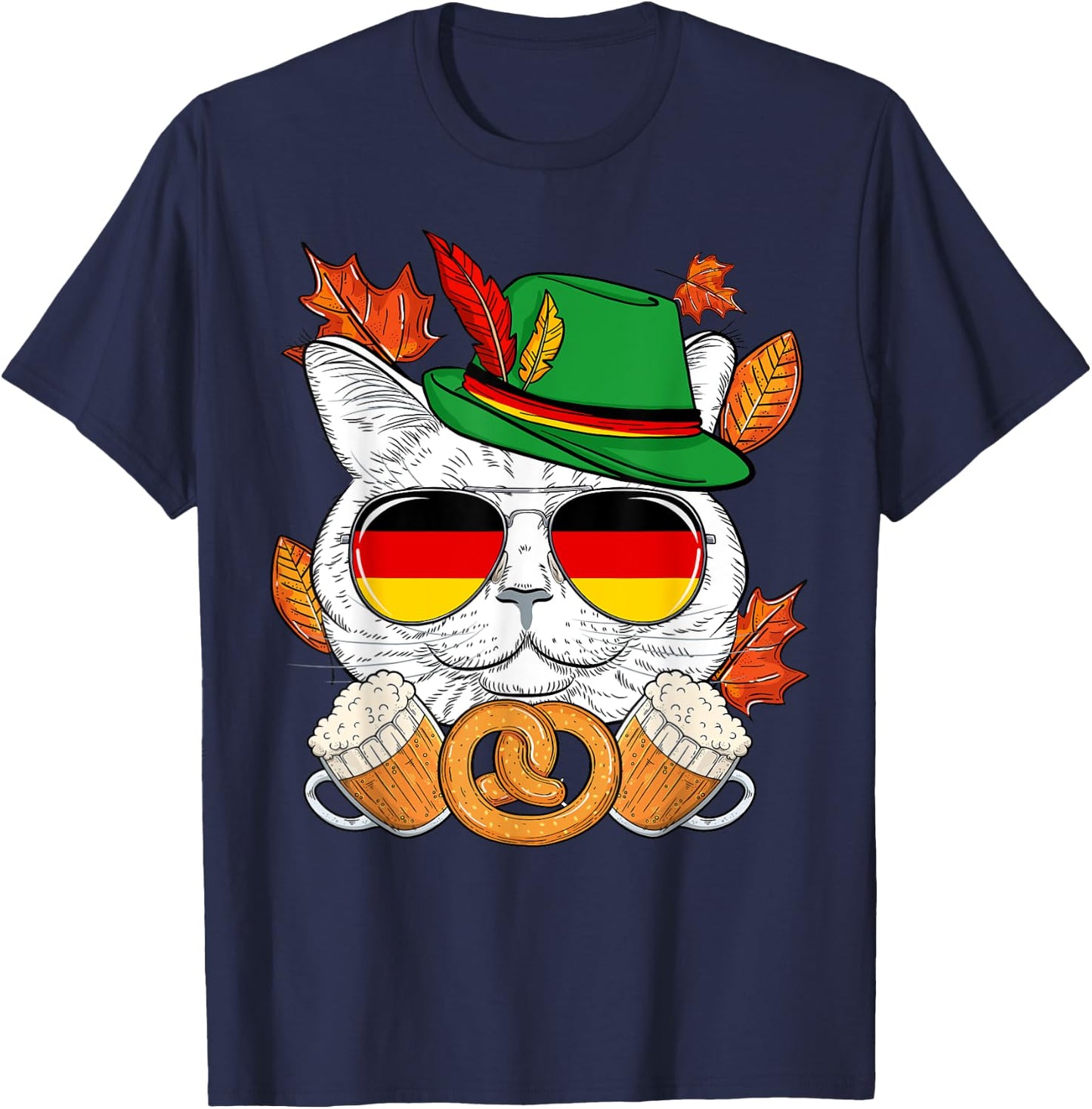Funny Lederhosen Cat & Sunglasses Germany Flag Oktoberfest T-Shirt - T-Shirt | Navy