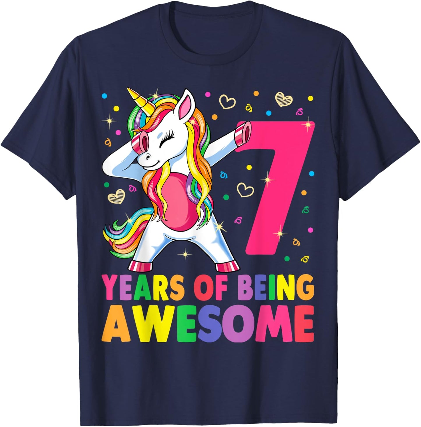 7 Years Old Unicorn Dabbing 7th Birthday Girl Unicorn Party T-Shirt - T-Shirt | Navy