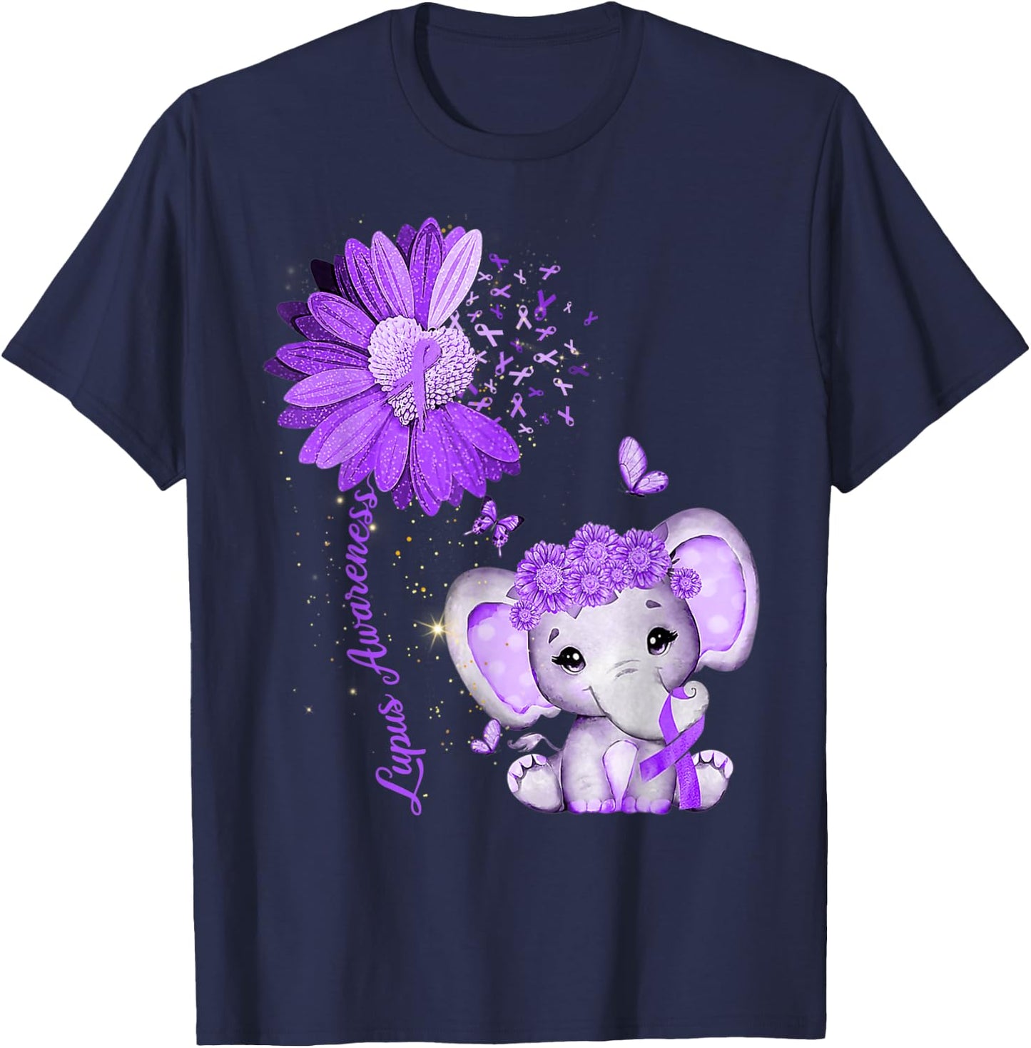 Lupus Awareness Sunflower Purple Ribbon Elephant T-Shirt - T-Shirt | Navy