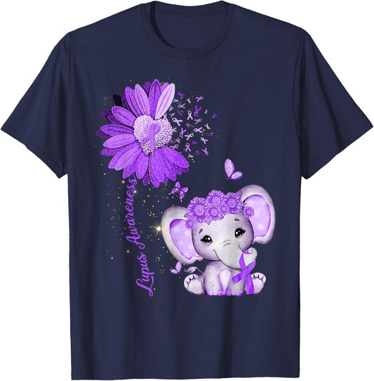 Lupus Awareness Sunflower Purple Ribbon Elephant T-Shirt - T-Shirt | Navy