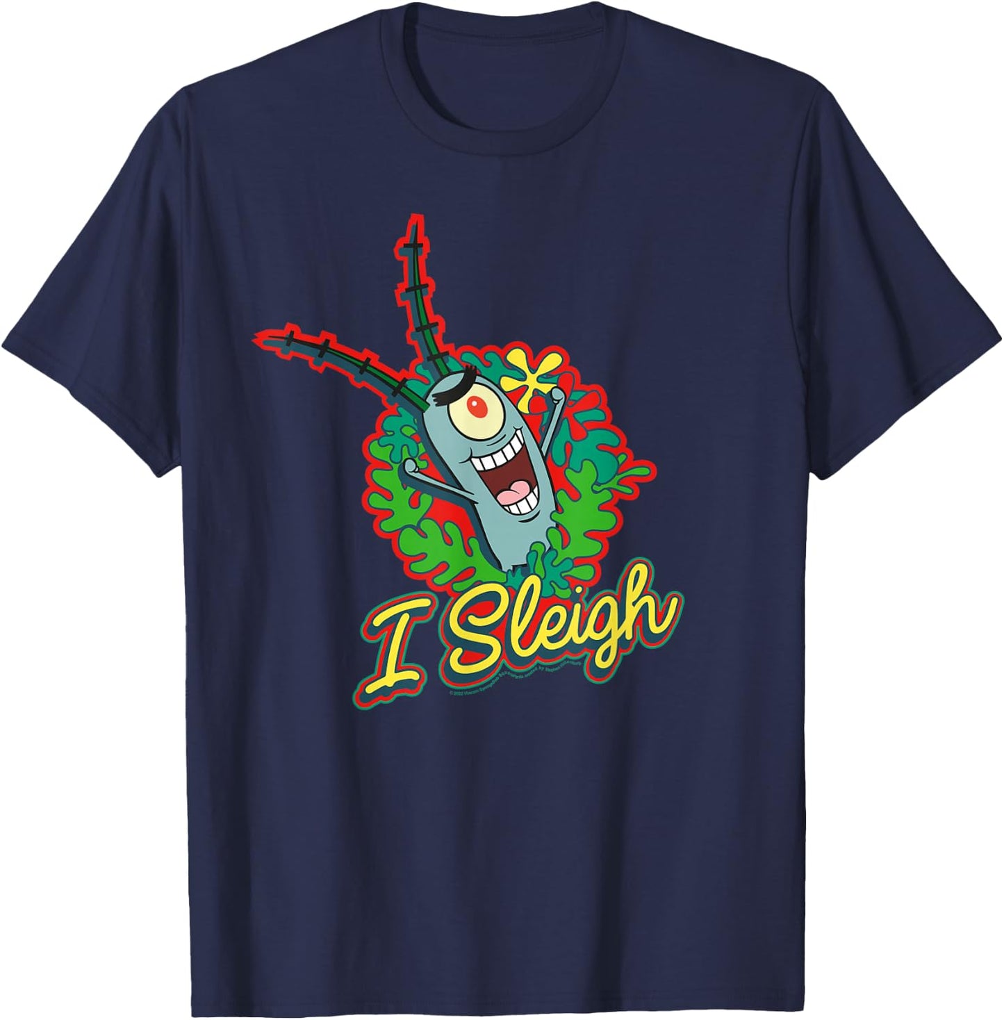 SpongeBob SquarePants I Sleigh, Plankton Christmas Wreath T-Shirt - T-Shirt | Navy