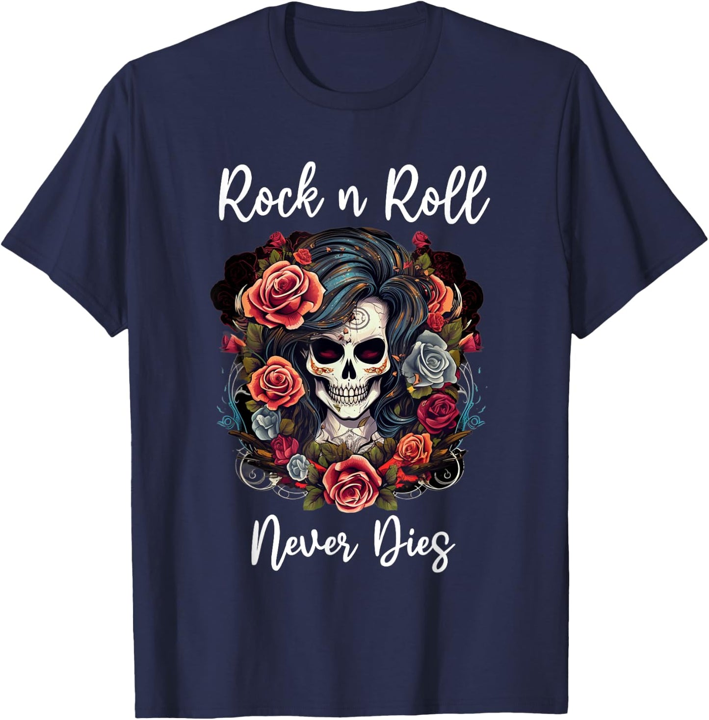 Rock n Roll Never Dies Rockabilly Girl Skull Tattoo T-Shirt - T-Shirt | Navy