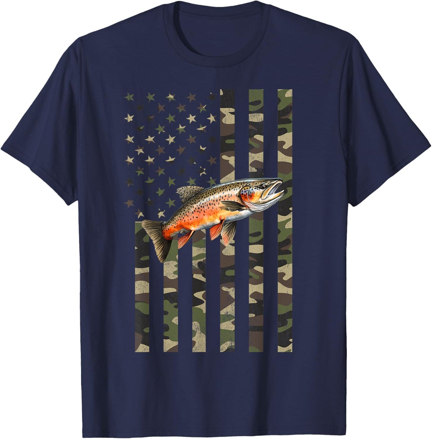 Brook Trout Fishing, Camo American Flag with Brook Trout T-Shirt - T-Shirt | Navy