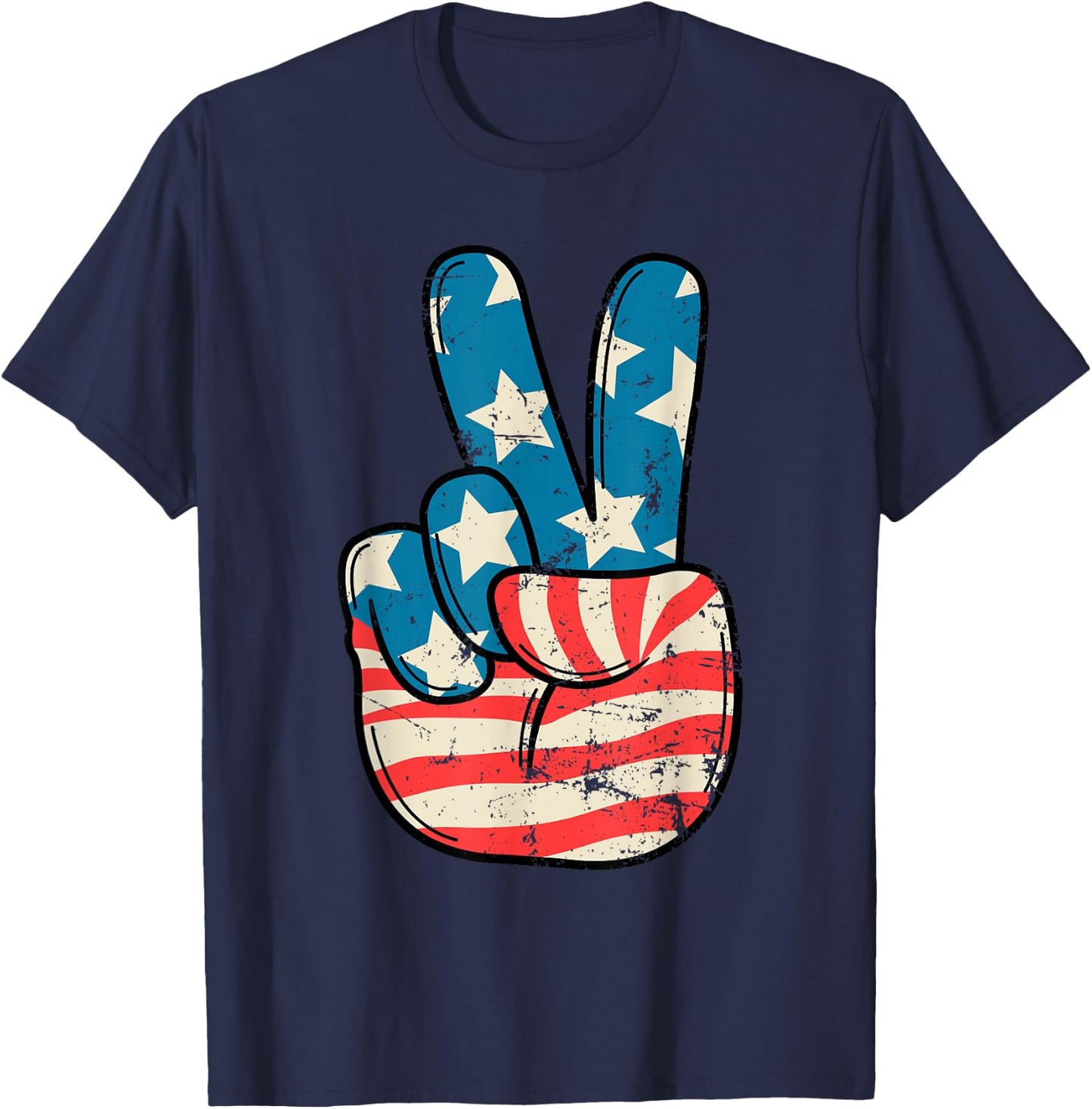 USA Flag Peace Sign Hand 4th of July Patriotic Men Boys T-Shirt - T-Shirt | Navy
