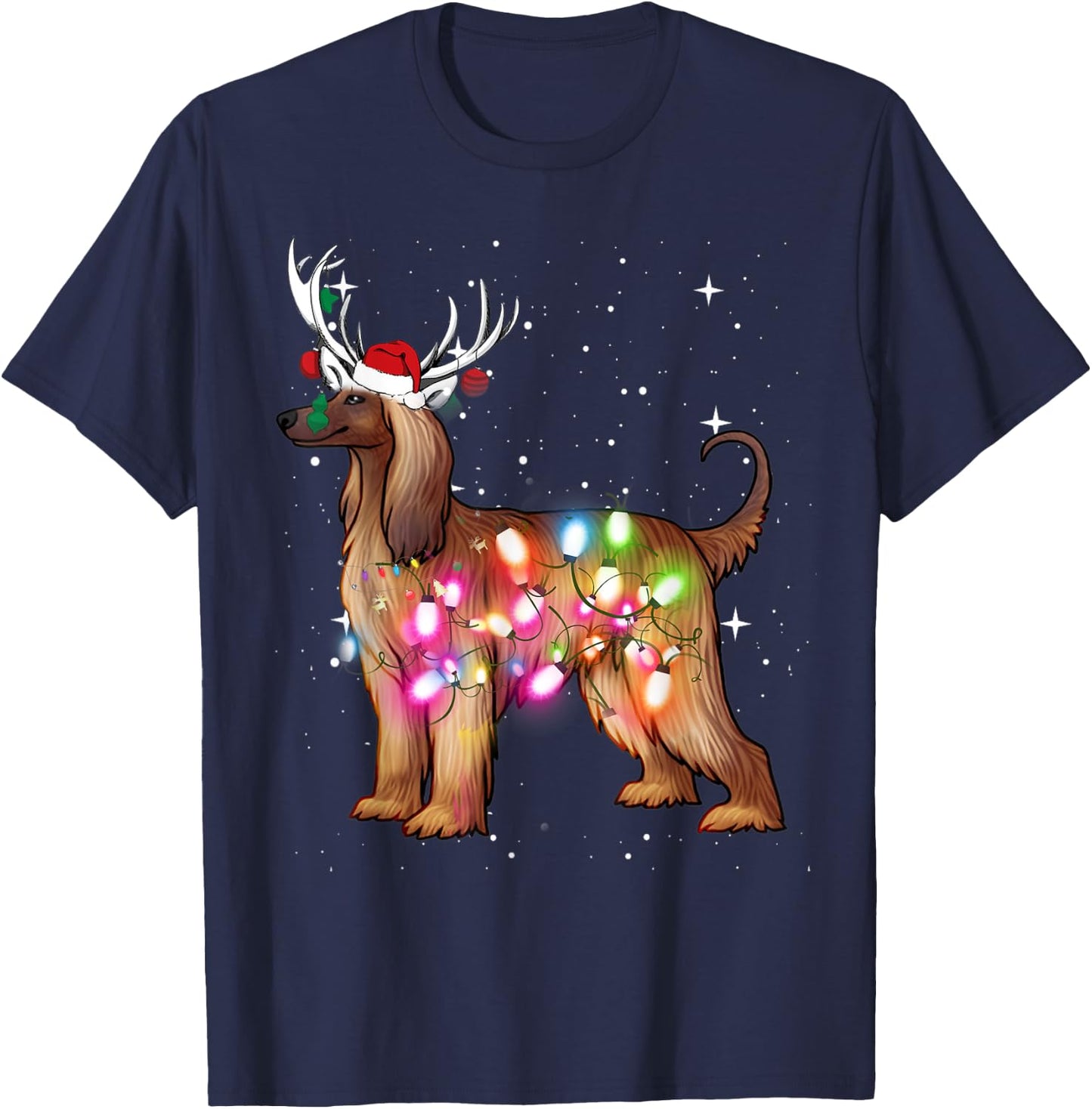 Afghan Hound Christmas Lights Pajama Funny Dog Women Kids T-Shirt - T-Shirt | Navy