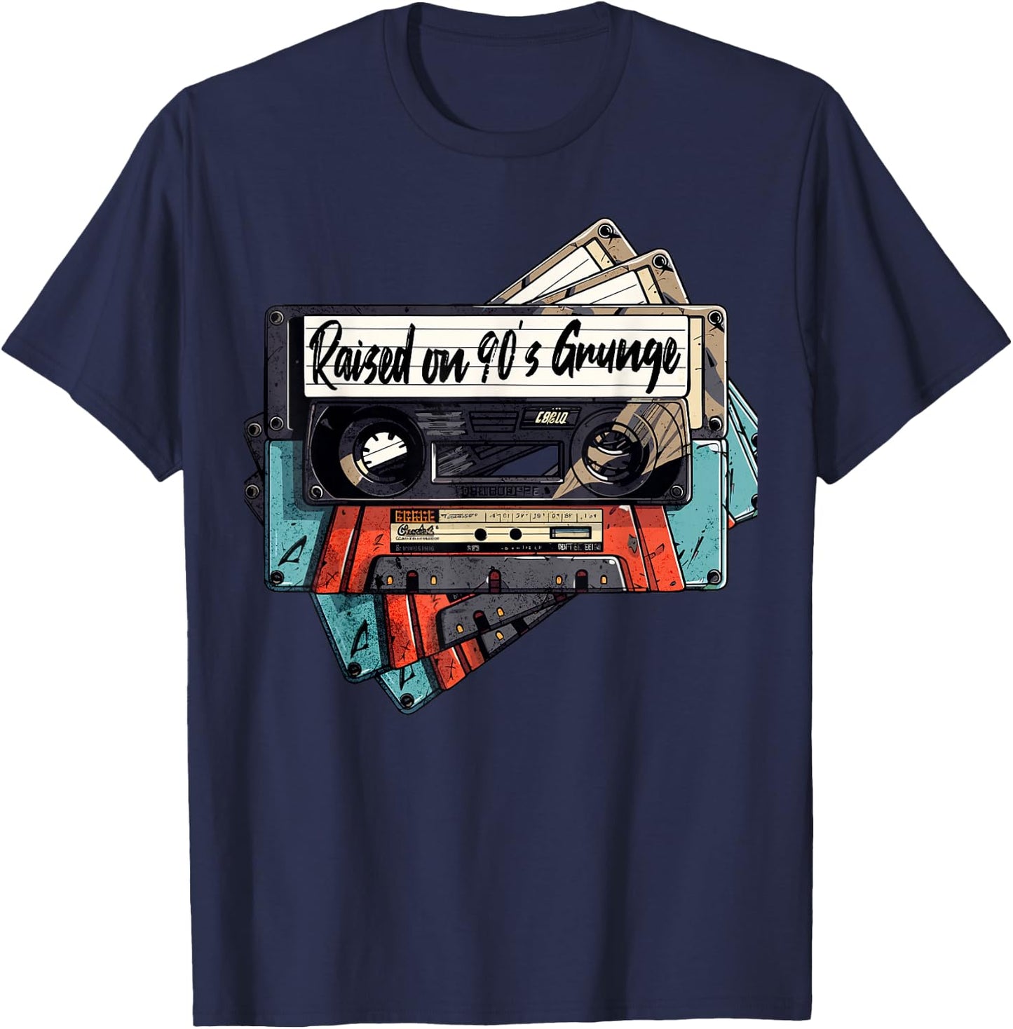 Raised On 90's Music Grunge Rock Cassette Tape Design T-Shirt - T-Shirt | Navy