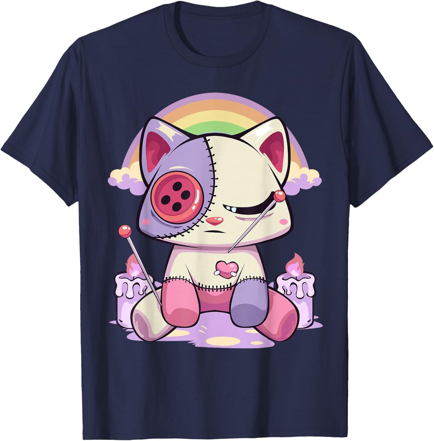 Pastel Goth Kawaii Menhera Sad Creepy Voodoo Doll Cat T-Shirt - T-Shirt | Navy