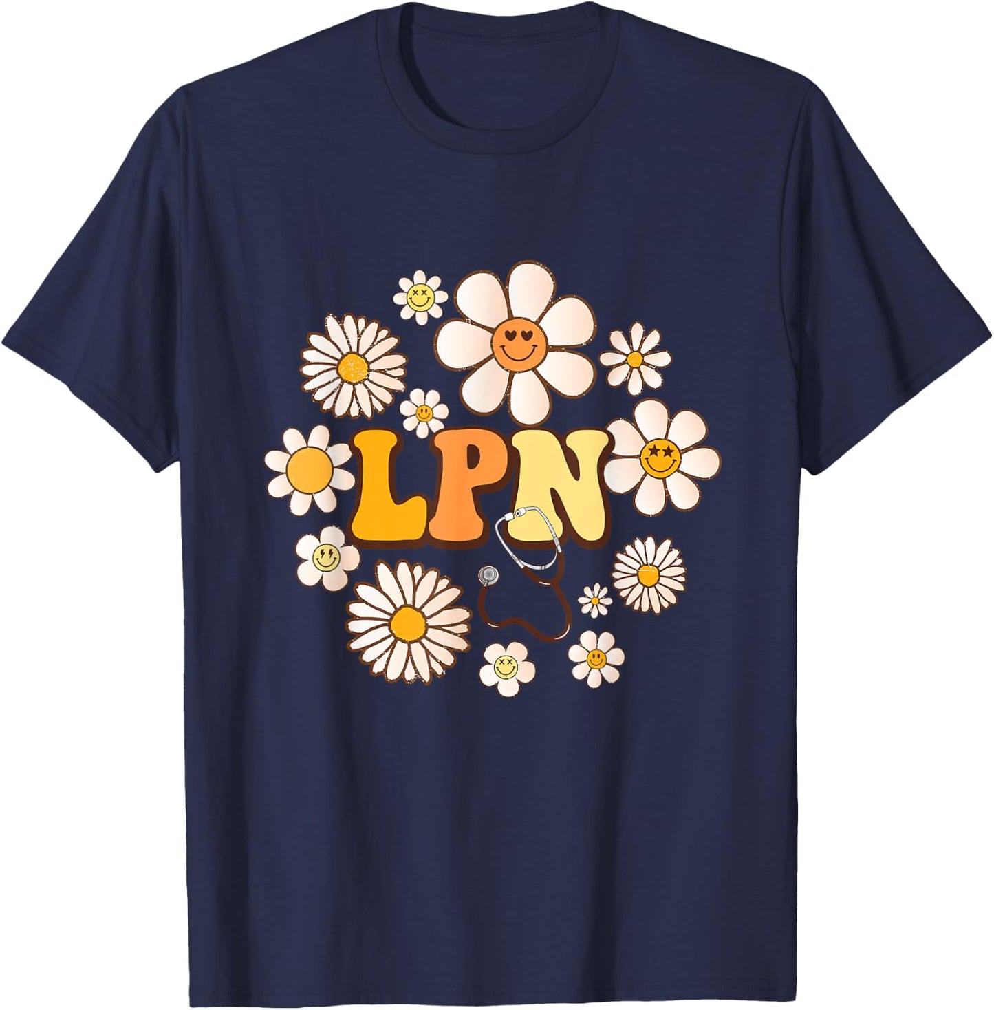 Retro groovy smile face Flowers LPN Licensed Practical Nurse T-Shirt - T-Shirt | Navy