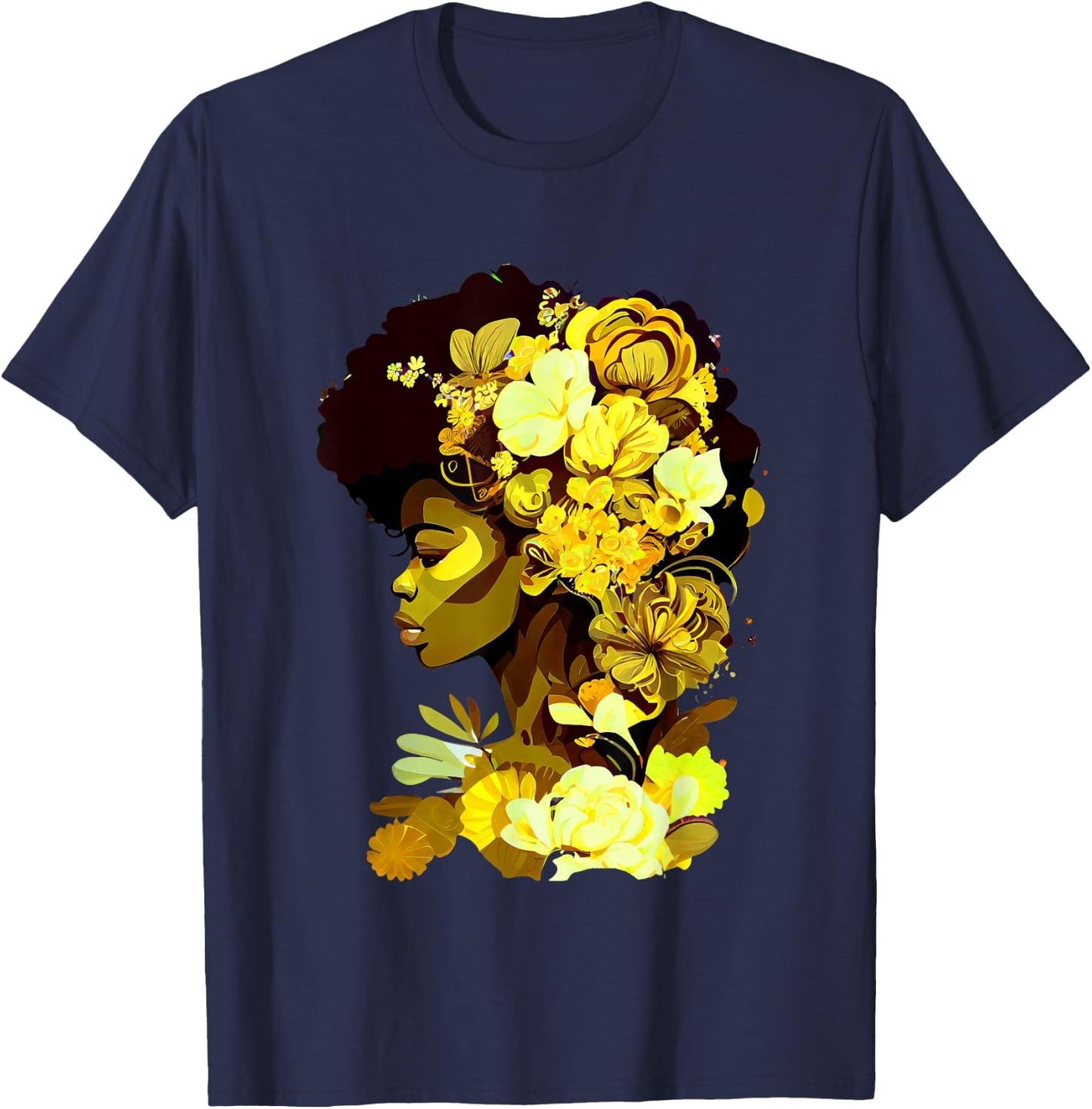 Beautiful Black Woman Afro Queen African Art Yellow Flowers T-Shirt - T-Shirt | Navy