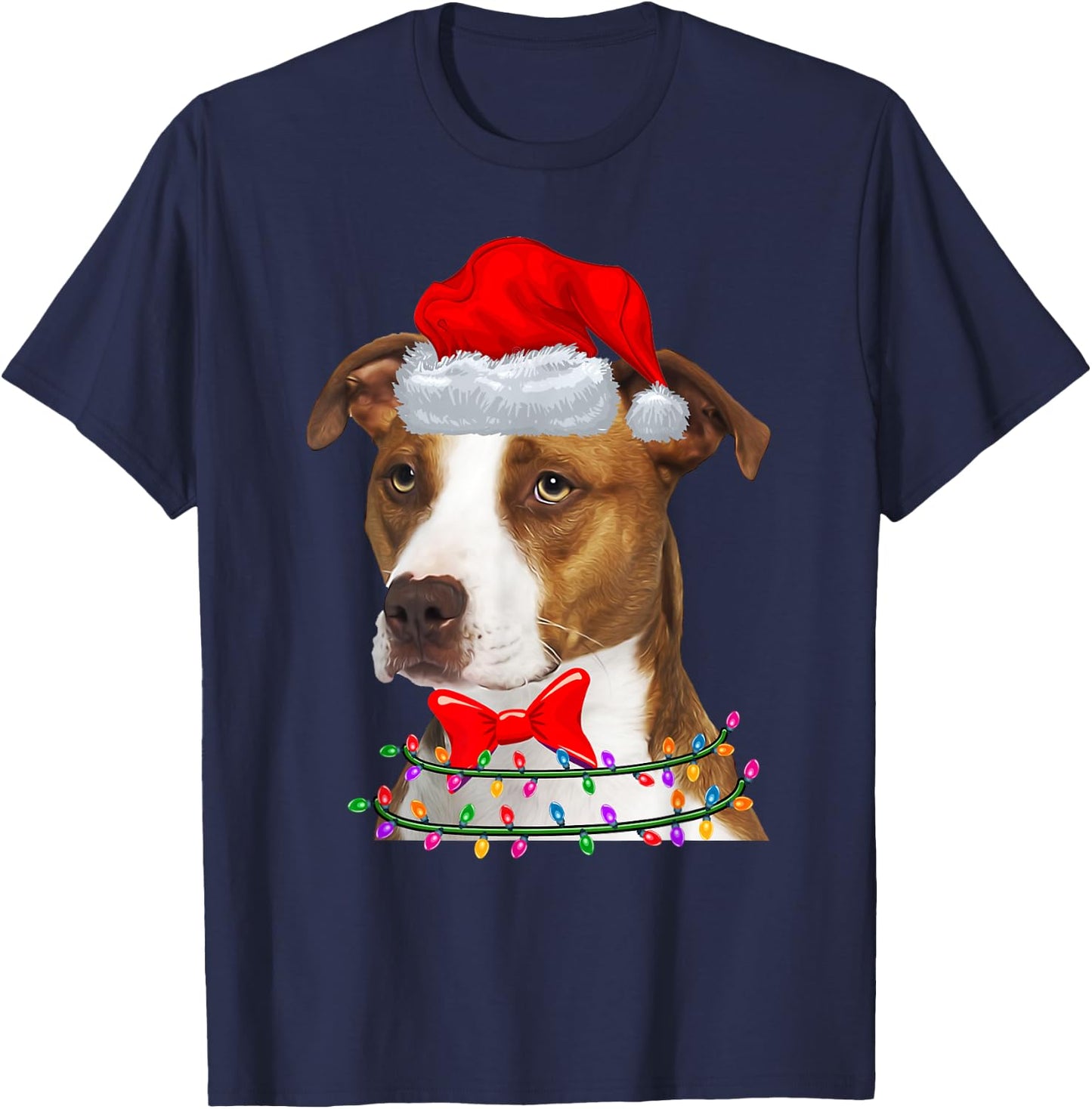Christmas Lights Pitbull Wearing Xmas Hat - Cute Dog Lover T-Shirt - T-Shirt | Navy
