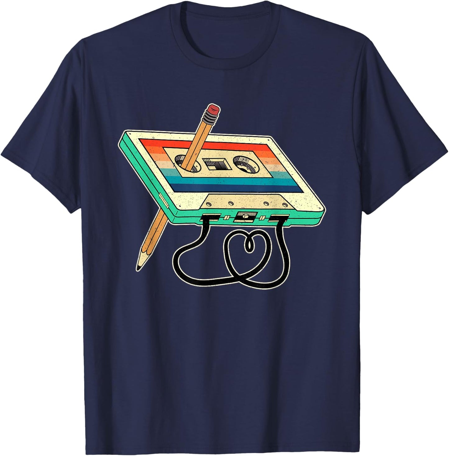80s Cassette Tape Pencil 1980s Retro Vintage Throwback Music T-Shirt - T-Shirt | Navy