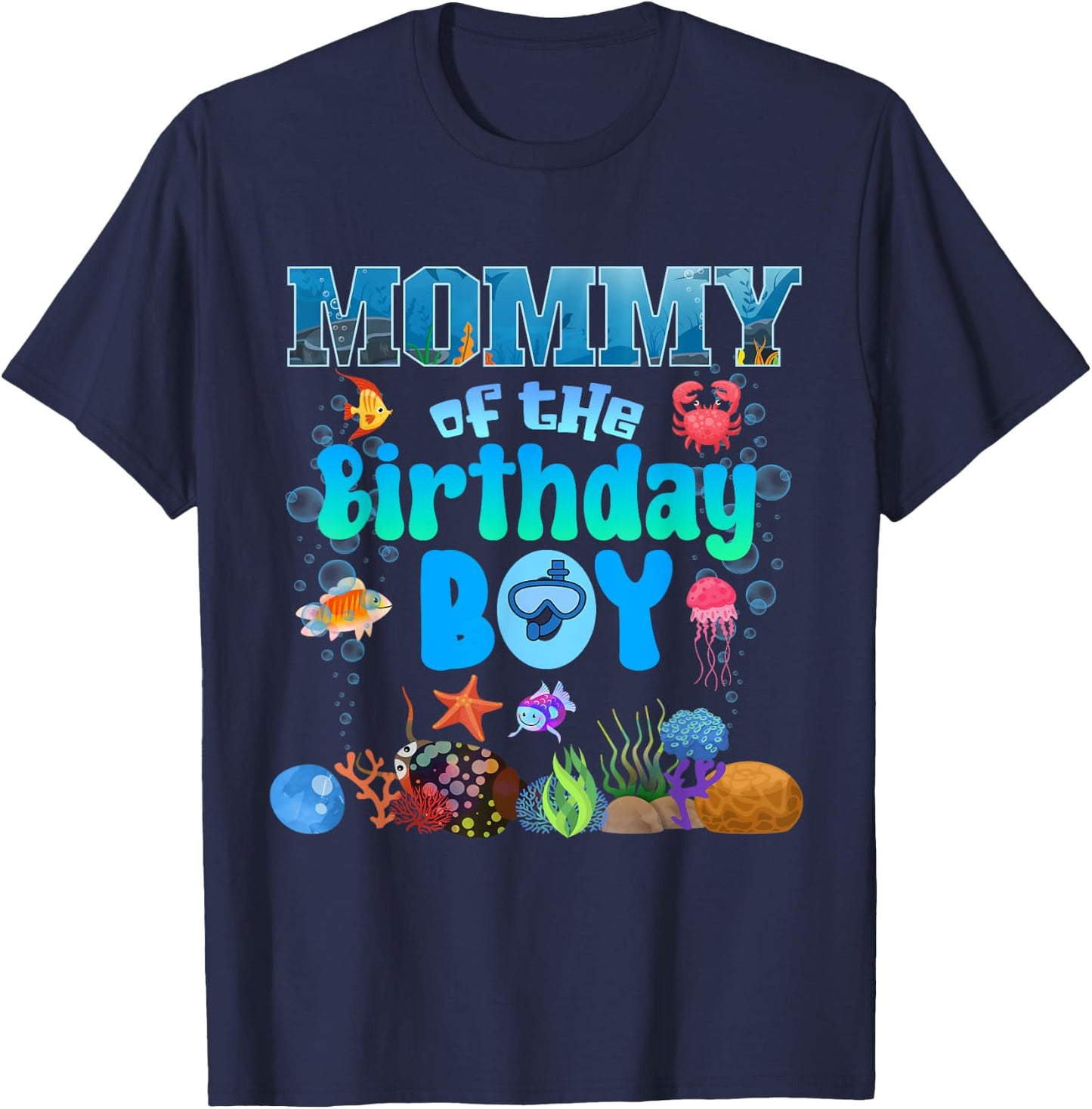 Mommy Of The Birthday Boy Aquarium Sea Animals Matching T-Shirt - T-Shirt | Navy