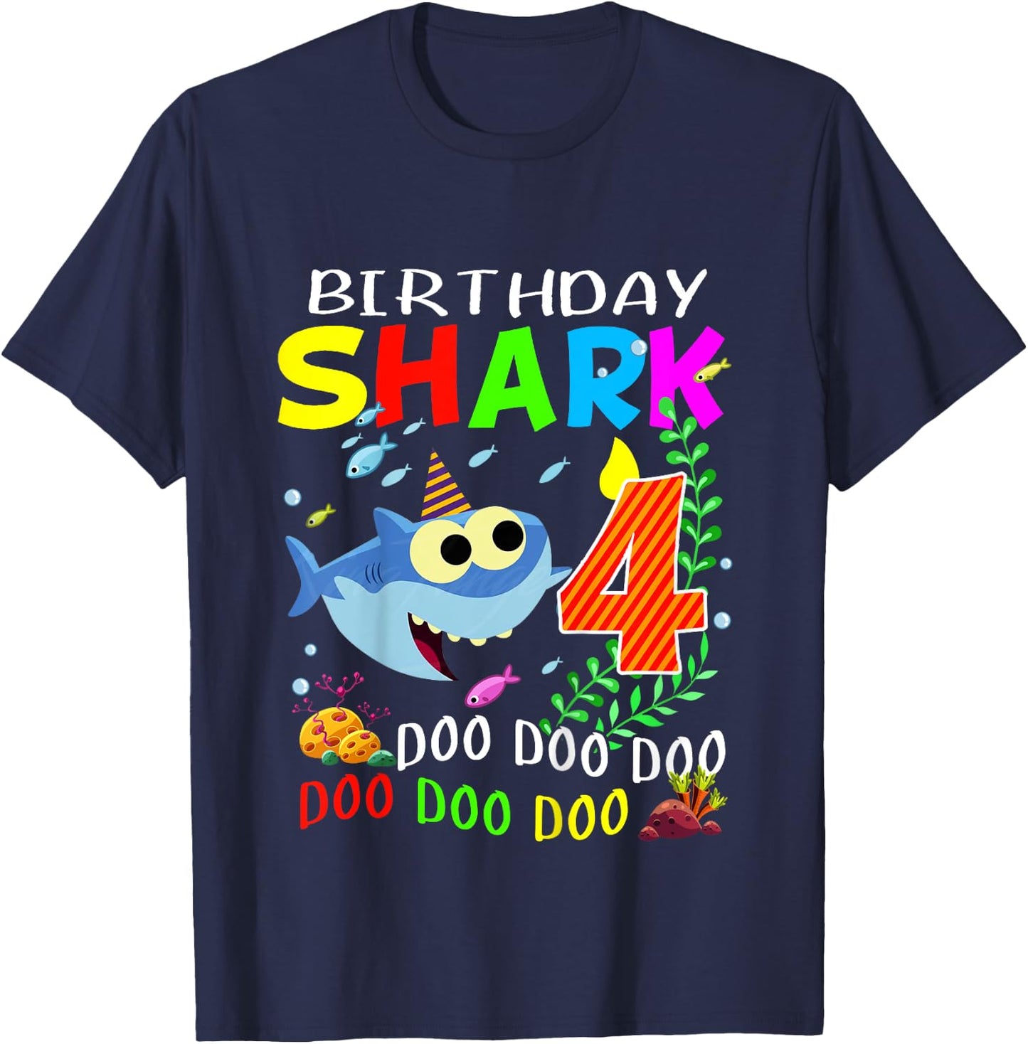 Birthday Shark 4 Years Old Boys and Girls 4th Birthday Gift T-Shirt - T-Shirt | Navy
