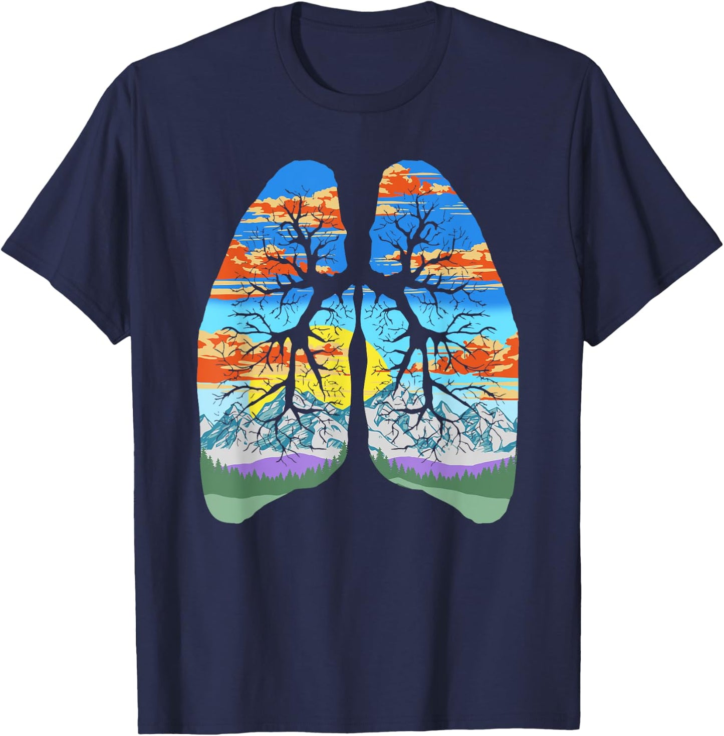 Nature Lungs Outdoor & Earth Day Trees & Mountains Design T-Shirt - T-Shirt | Navy