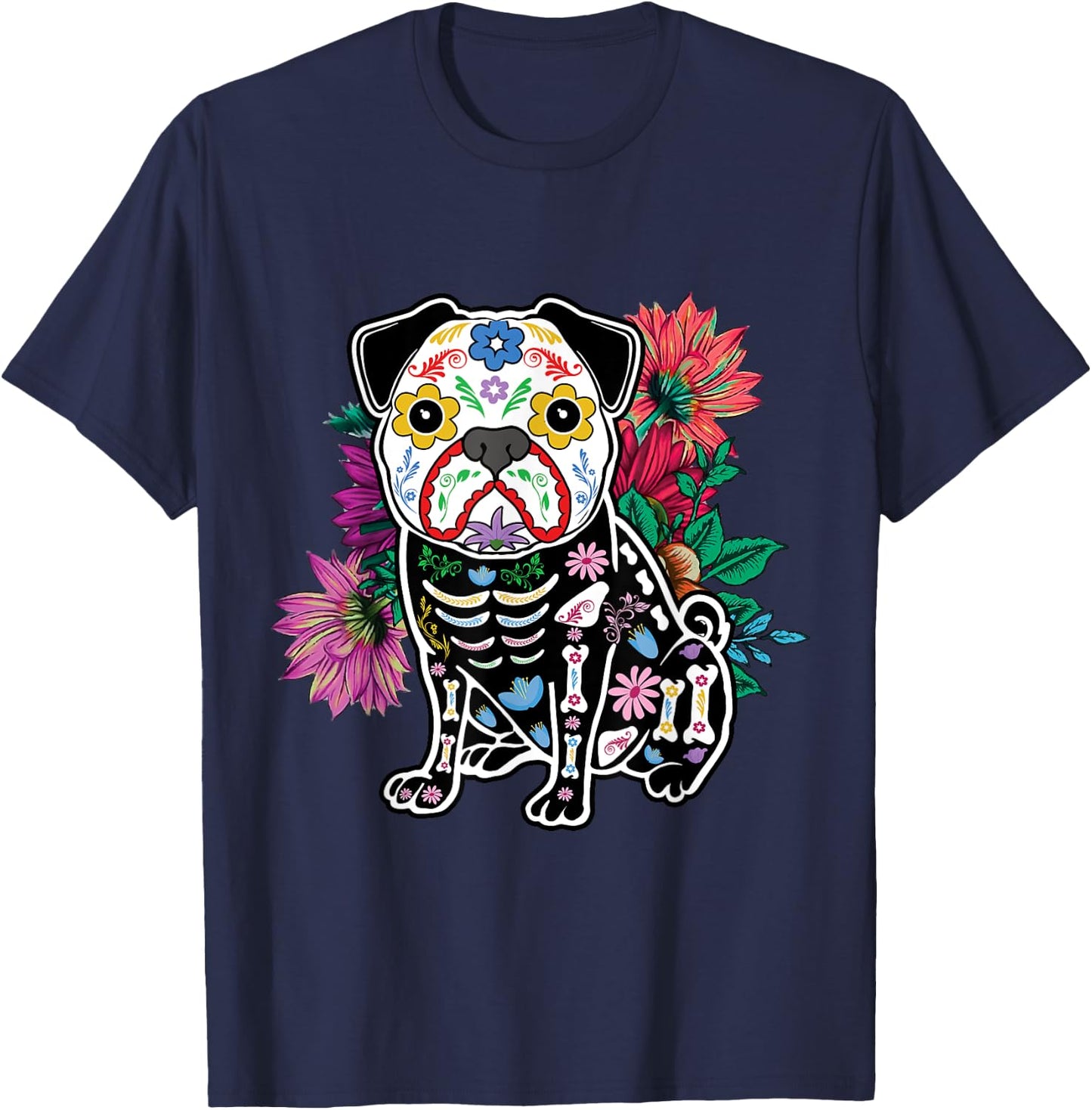 Floral Pug Dog Lover Souls Day Of Dead Dia De Los Muertos T-Shirt - T-Shirt | Navy