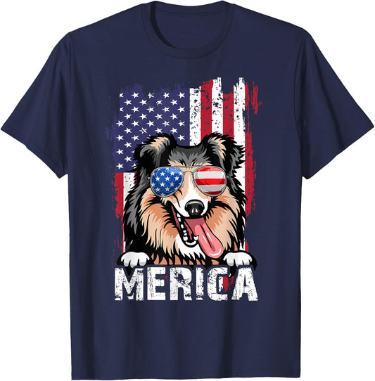 Merica 4th of July Shetland Sheepdog US Flag Sheltie Mom Dad T-Shirt - T-Shirt | Navy