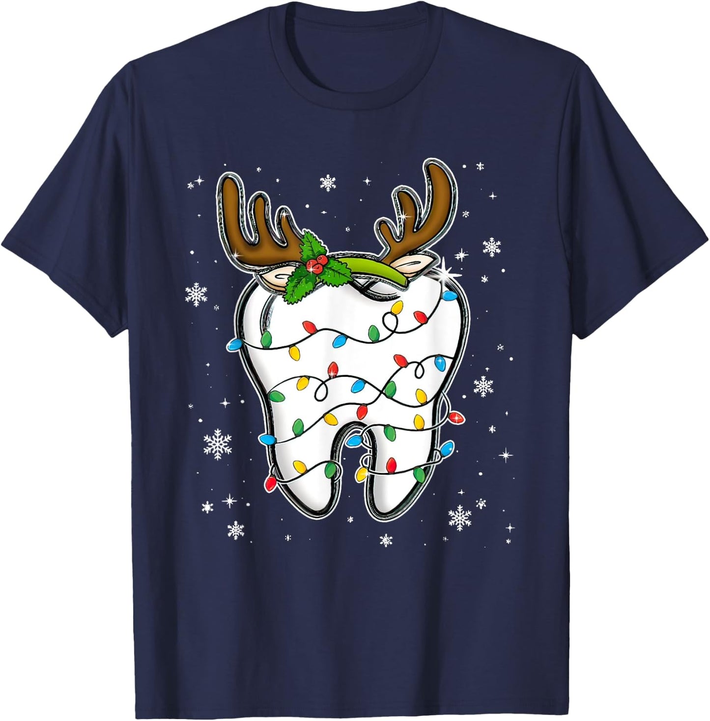 Christmas Dentist Dental Tooth Light Xmas T-Shirt - T-Shirt | Navy