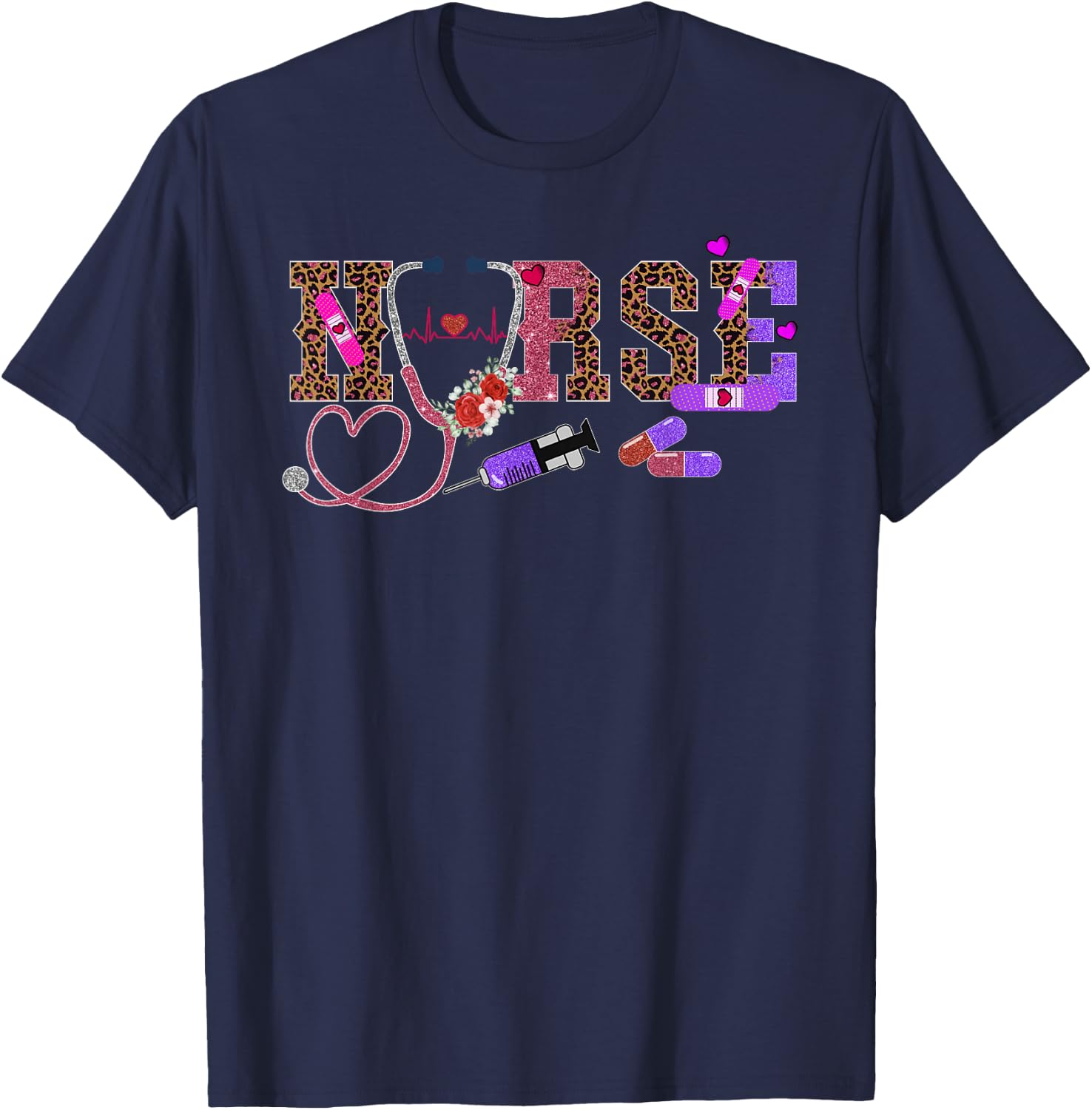 Retro Leopard Nurse Life, Registered Nurse Nurse's Day T-Shirt - T-Shirt | Navy
