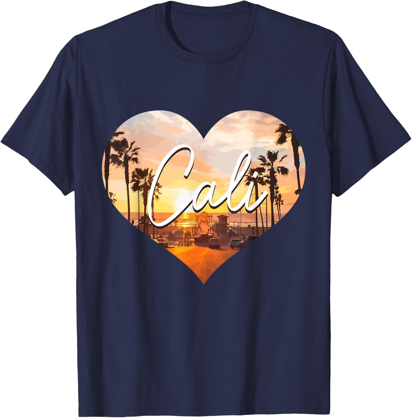 California Cali Vintage Sunset Heart Retro T-Shirt - T-Shirt | Navy