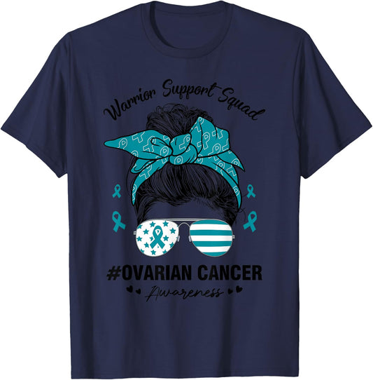 Messy Bun Ovarian Cancer Awareness Day Warrior Support Squad T-Shirt - T-Shirt | Navy