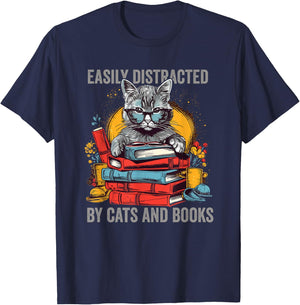Easily Distracted by Cats and Books Book Lovers T-Shirt - T-Shirt | Navy