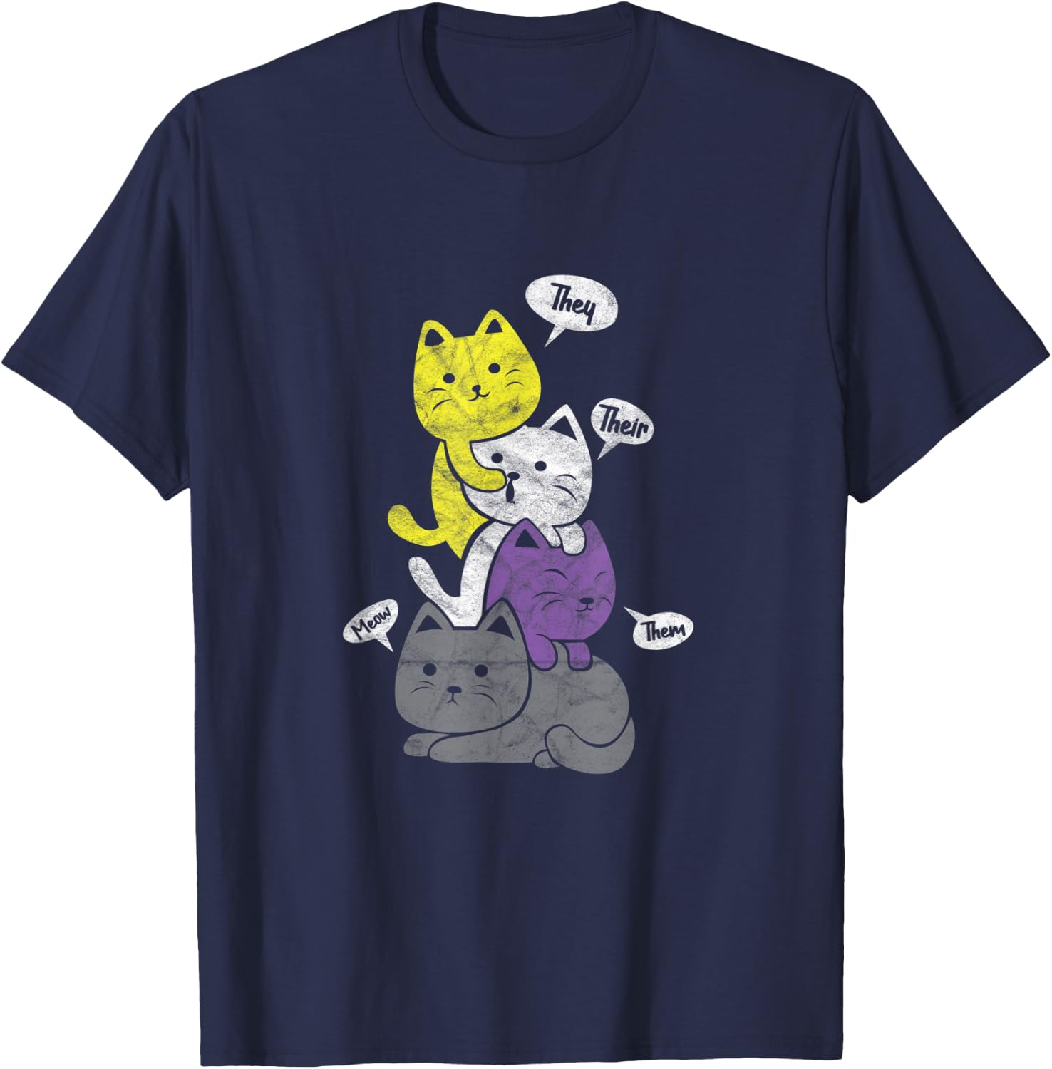 Nonbinary They Their Them Cat Pile Non-Binary Flag Vintage Women T-Shirt - T-Shirt | Navy