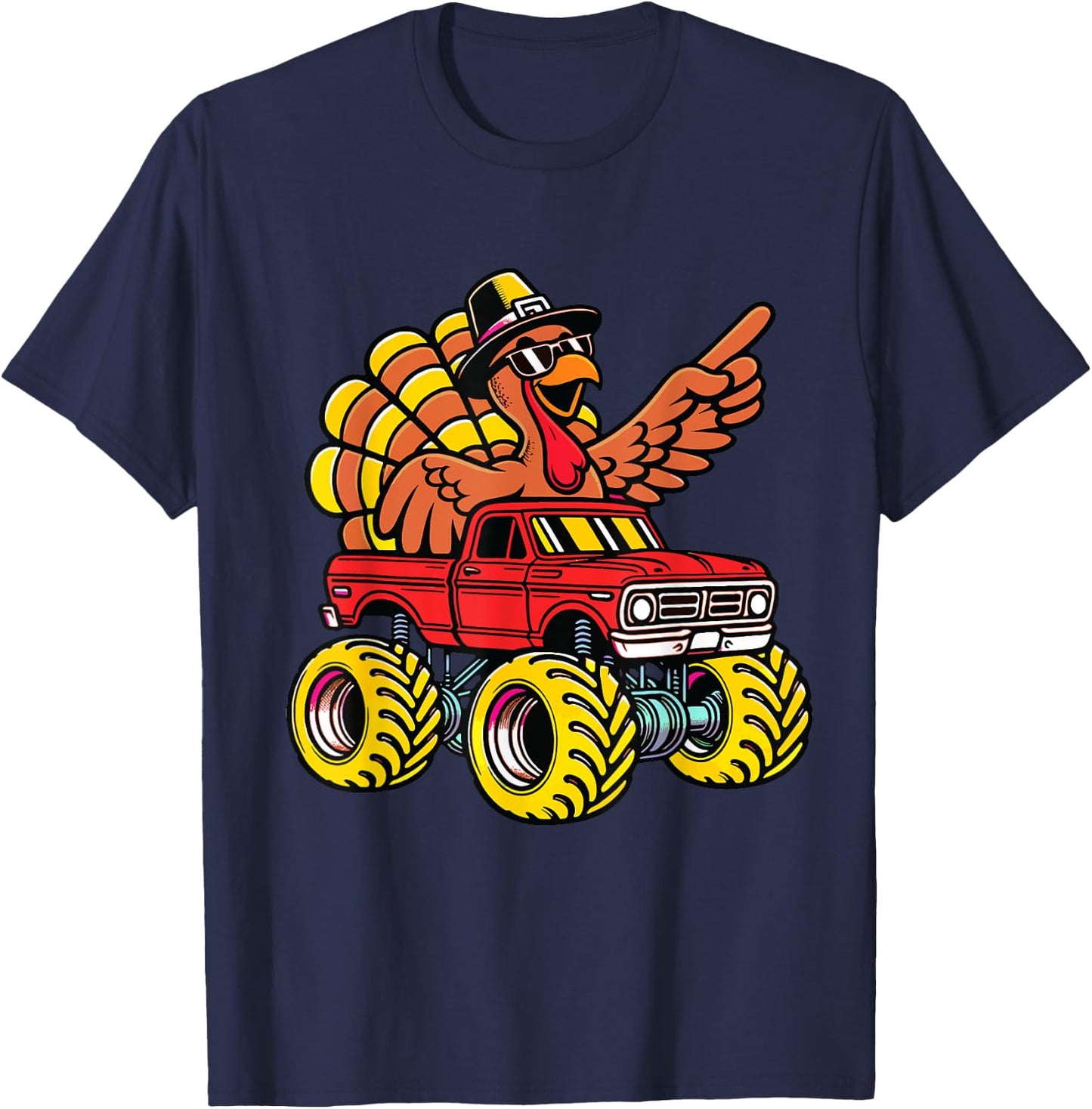 Thanksgiving Turkey Riding Monster Truck Kids Boys T-Shirt - T-Shirt | Navy