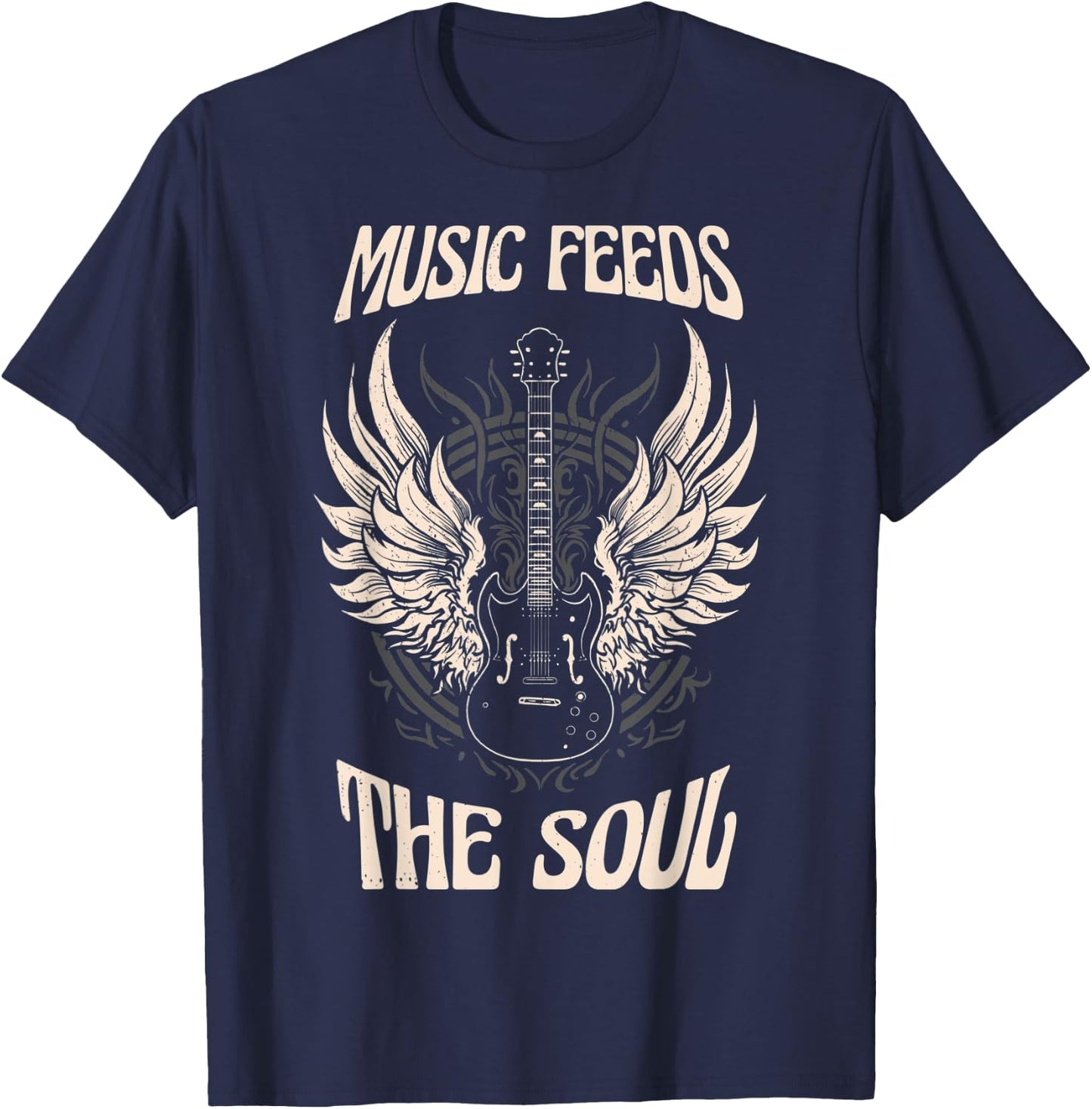 Guitar with Angel wings. Music feeds the soul. T-Shirt - T-Shirt | Navy