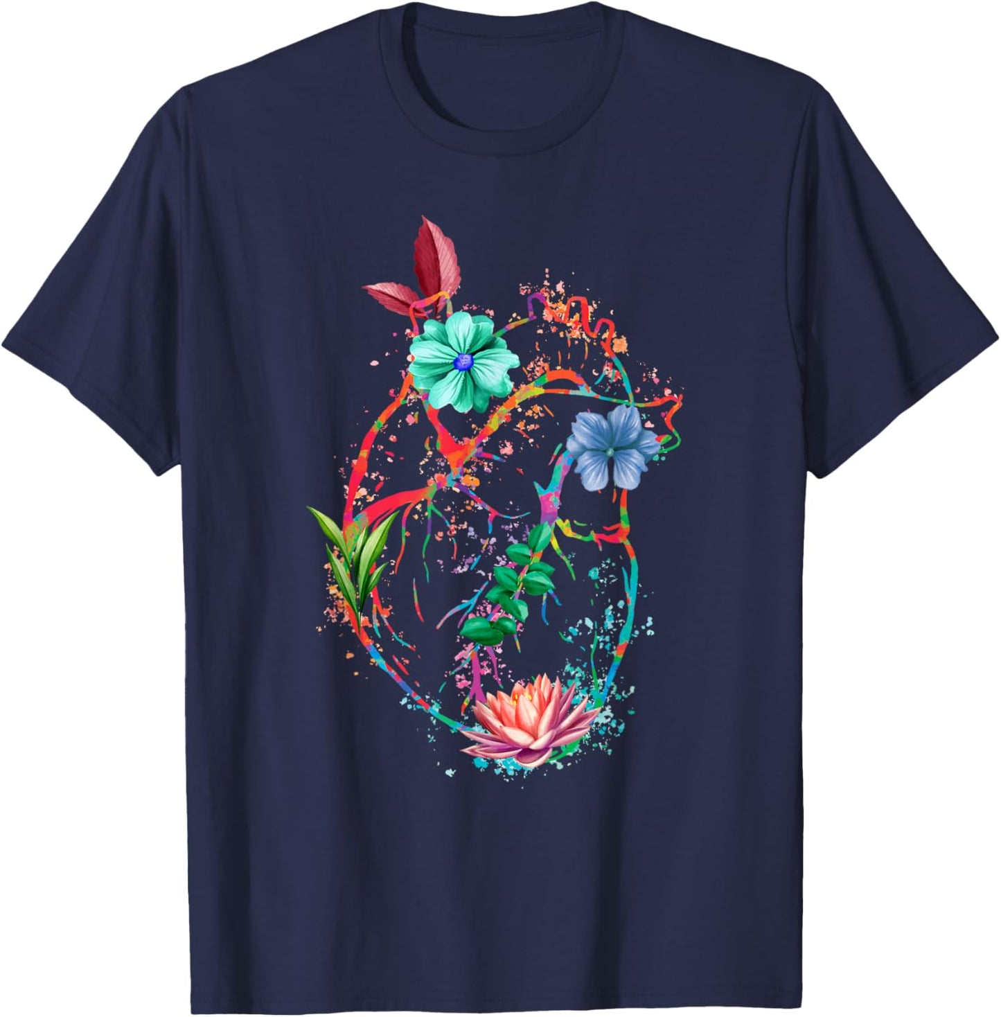 Anatomical Heart And Flowers Funny Men Women Cardiologist T-Shirt - T-Shirt | Navy