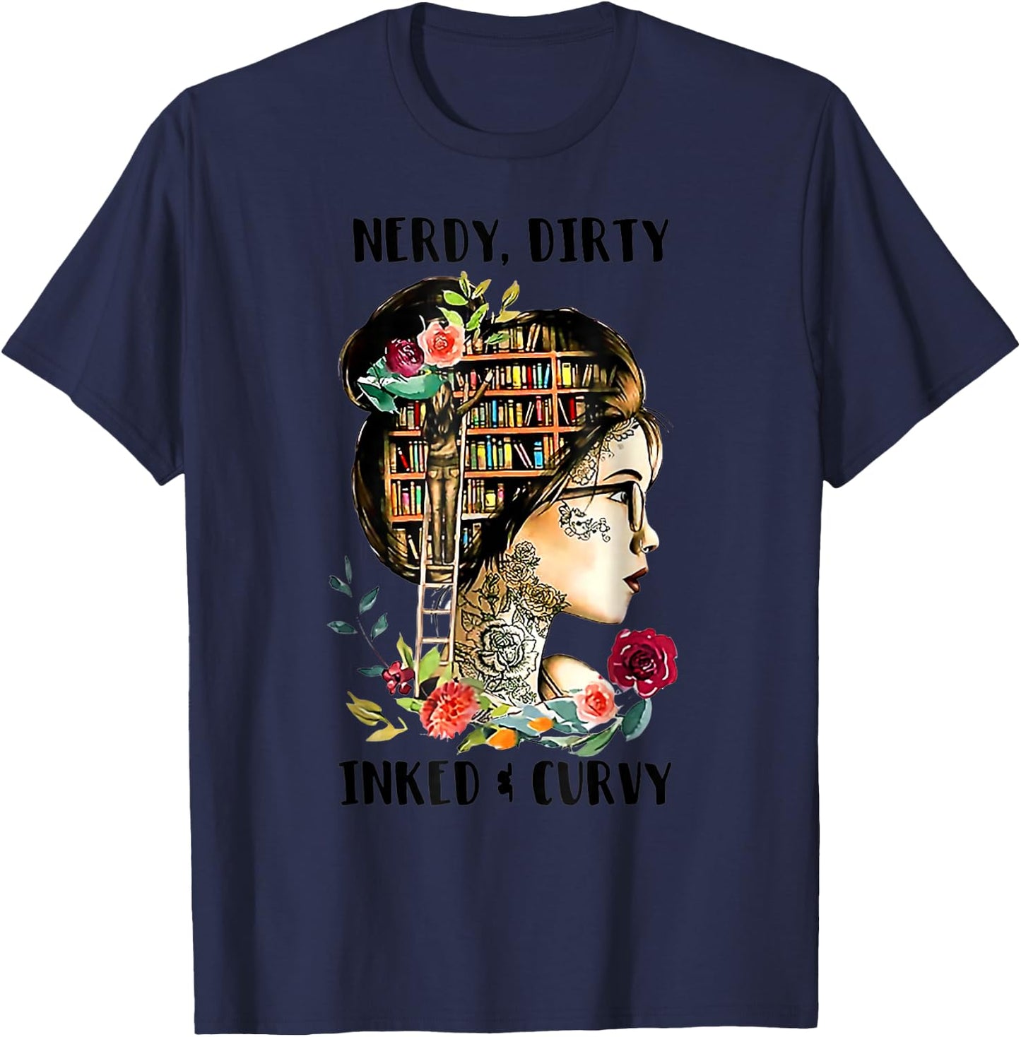 Vintage Nerdy Dirty Inked Curvy Girl Tattoo Reading Lover T-Shirt - T-Shirt | Navy