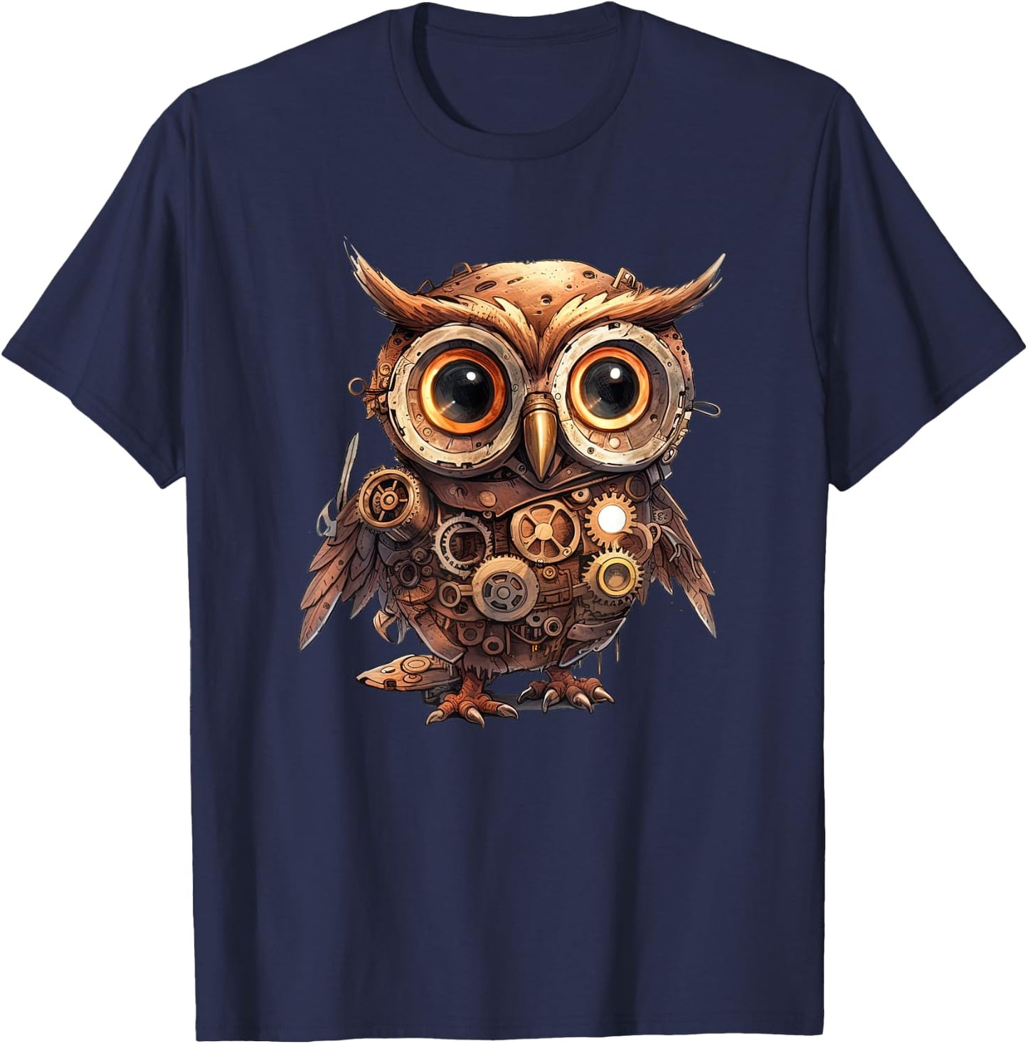 Owl in steampunk mechanical gear, vibrant Bird T-Shirt - T-Shirt | Navy