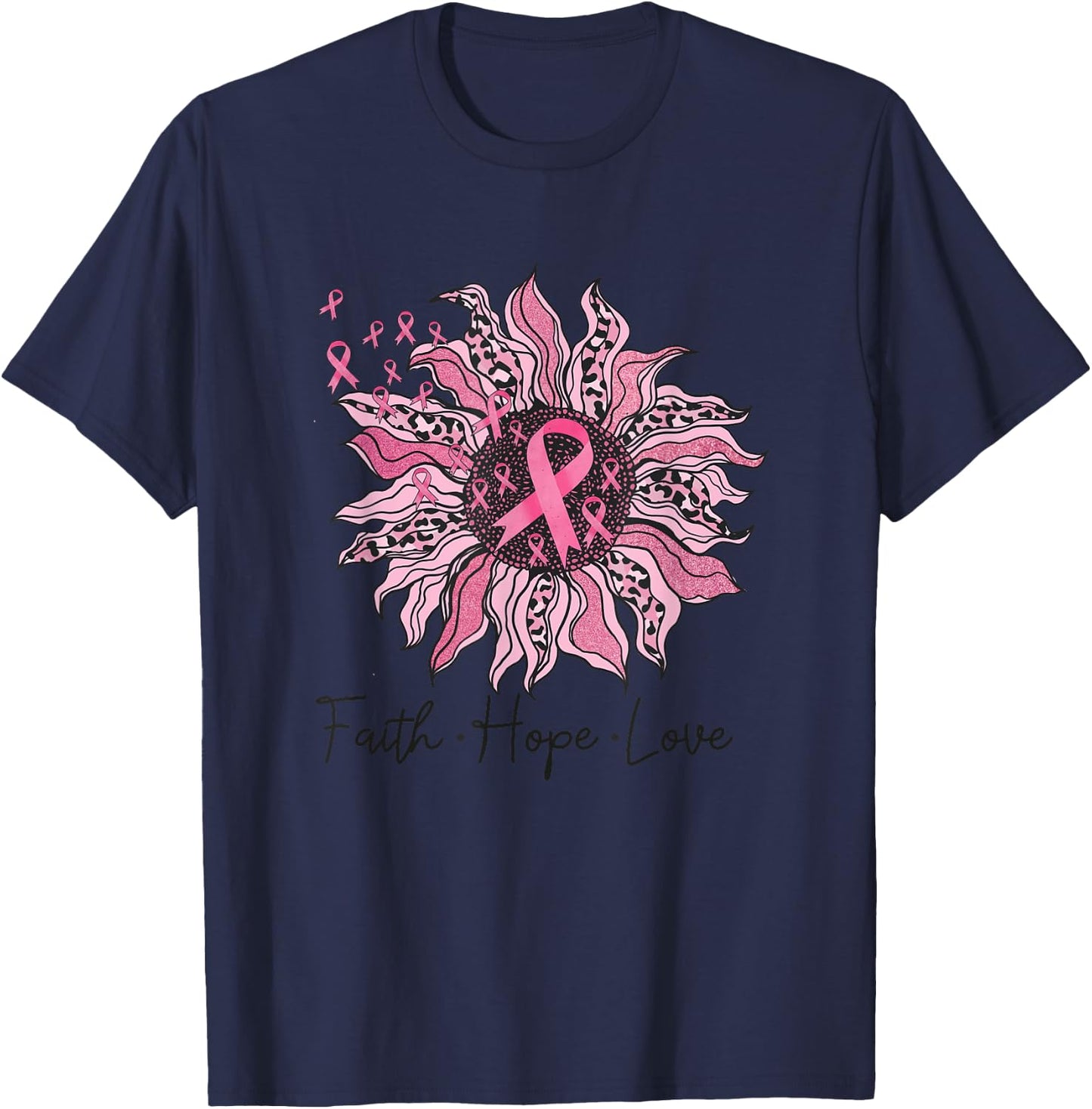 Faith Hope Love Sunflower Leopard Breast Cancer Awareness T-Shirt - T-Shirt | Navy