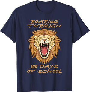 Roaring Through 100 Days of School Lion Teacher Kids Boys T-Shirt - T-Shirt | Navy