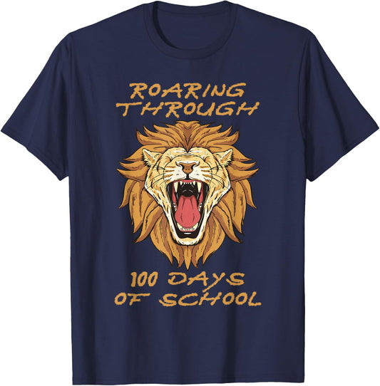 Roaring Through 100 Days of School Lion Teacher Kids Boys T-Shirt - T-Shirt | Navy