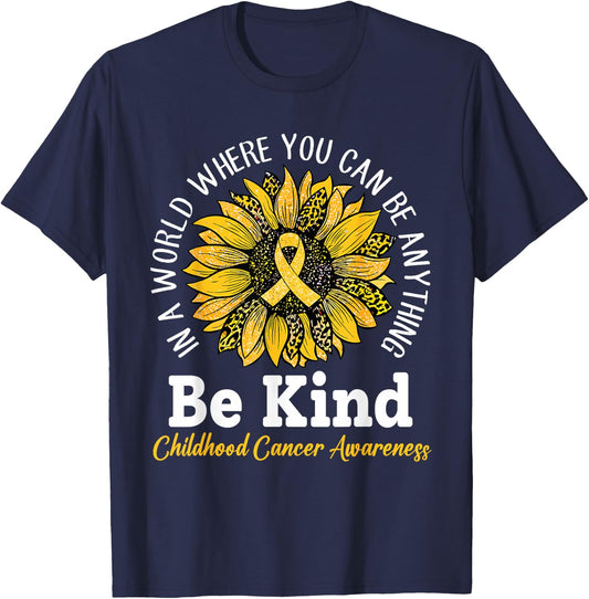Be Kind Gold Ribbon Sunflower Childhood Cancer Awareness T-Shirt - T-Shirt | Navy