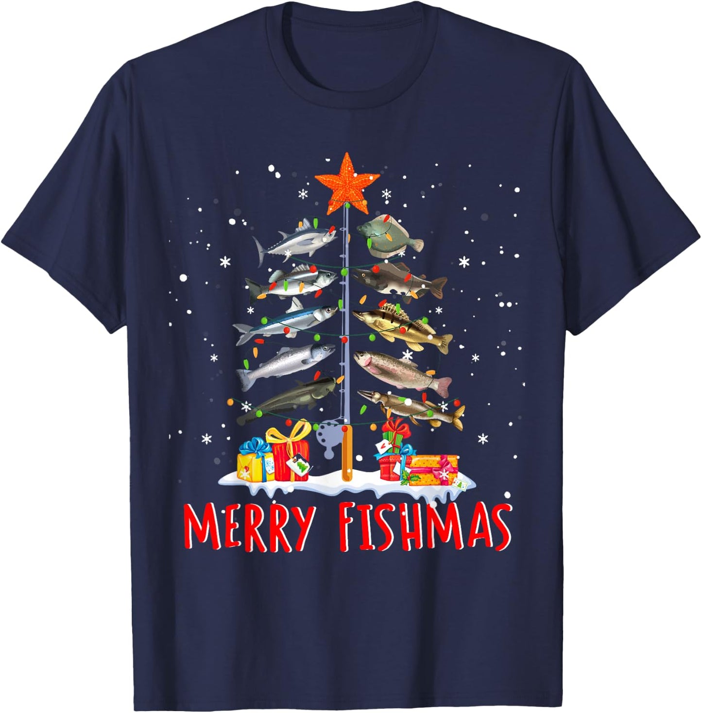Funny Merry Fishmas - Christmas Tree Lights T-Shirt - T-Shirt | Navy