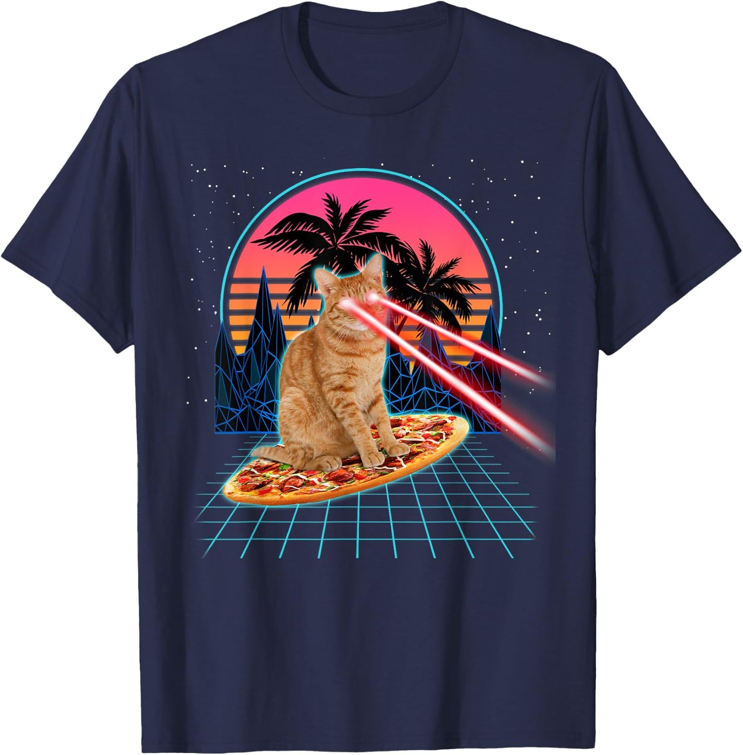Cat Riding Pizza Laser Eyes 80s Cat In Space Cats Lovers Men Women Kids T-Shirt - T-Shirt | Navy