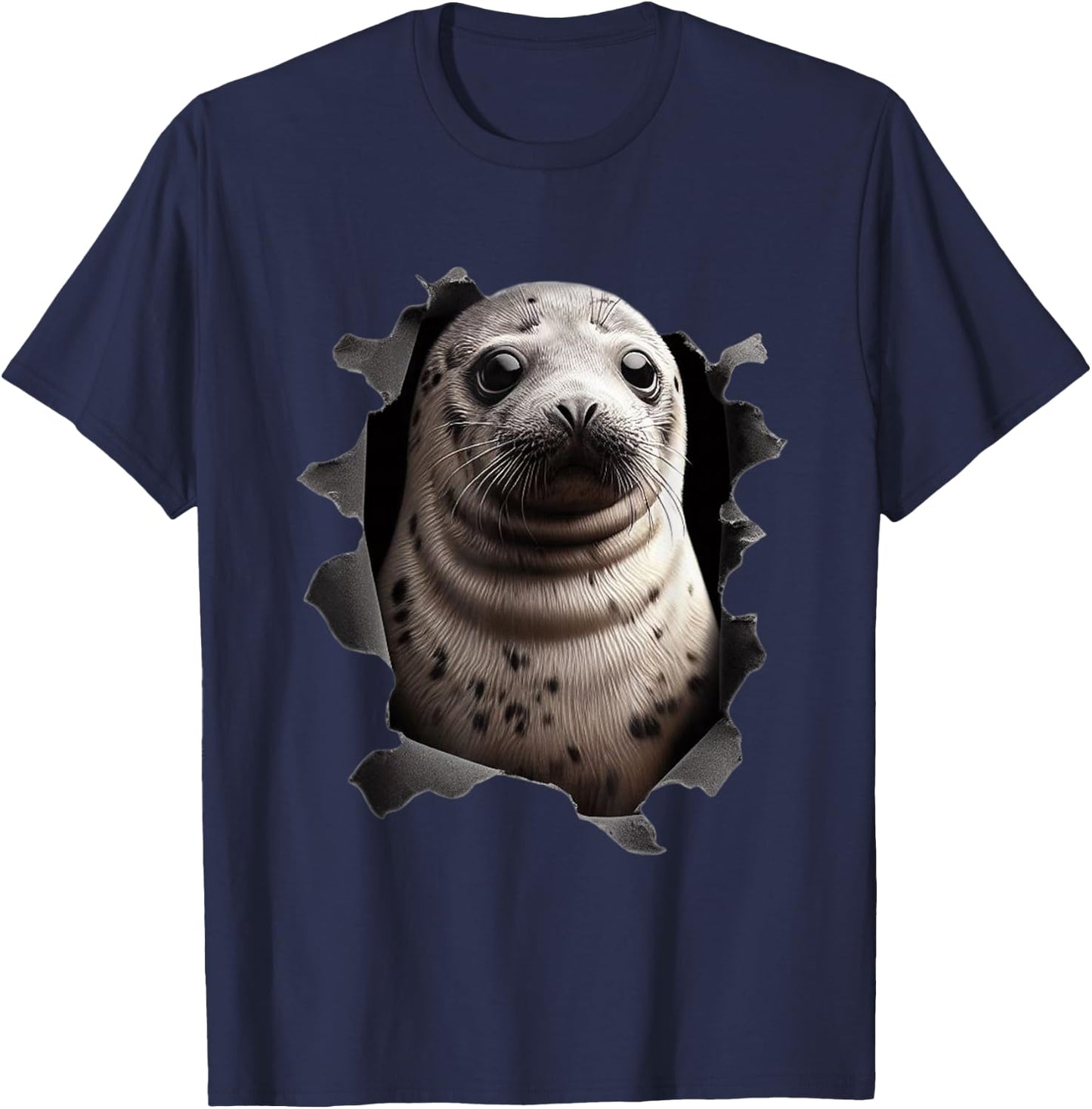 Baby seal looking out of torn cloth Funny Animal Lover T-Shirt - T-Shirt | Navy