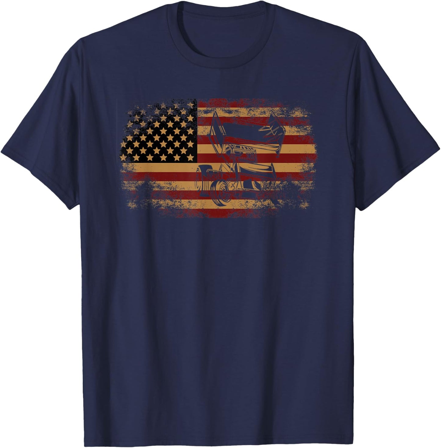 Dirt Track Racing Sprint Car Vintage USA American Flag T-Shirt - T-Shirt | Navy