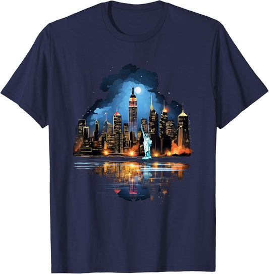 New York City Downtown Skyline Statue of Liberty NYC T-Shirt - T-Shirt | Navy