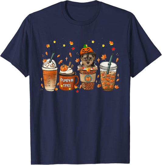 Yorkipoo Fall Coffee Pumpkin Spice Latte Iced Autumn T-Shirt - T-Shirt | Navy