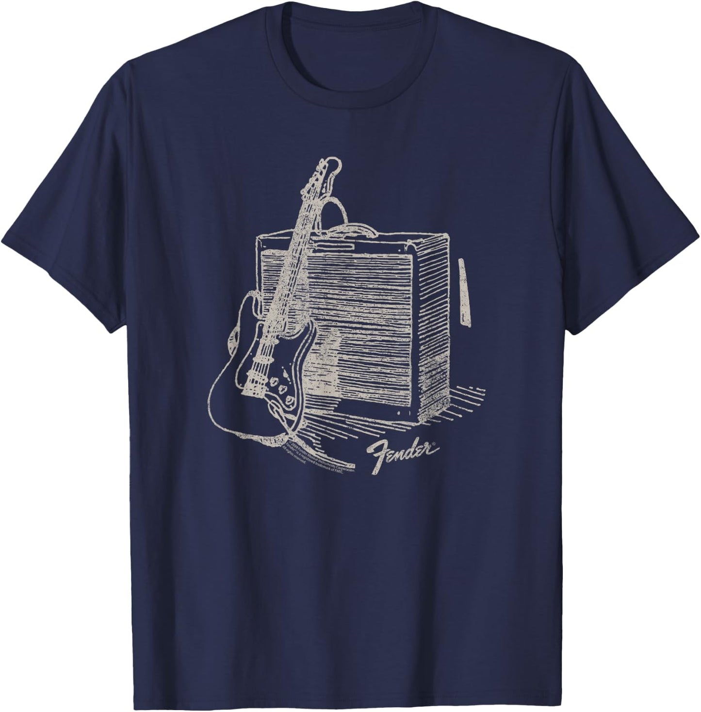 Fender Guitar Resting On Amplifier Retro Outline Image T-Shirt - T-Shirt | Navy