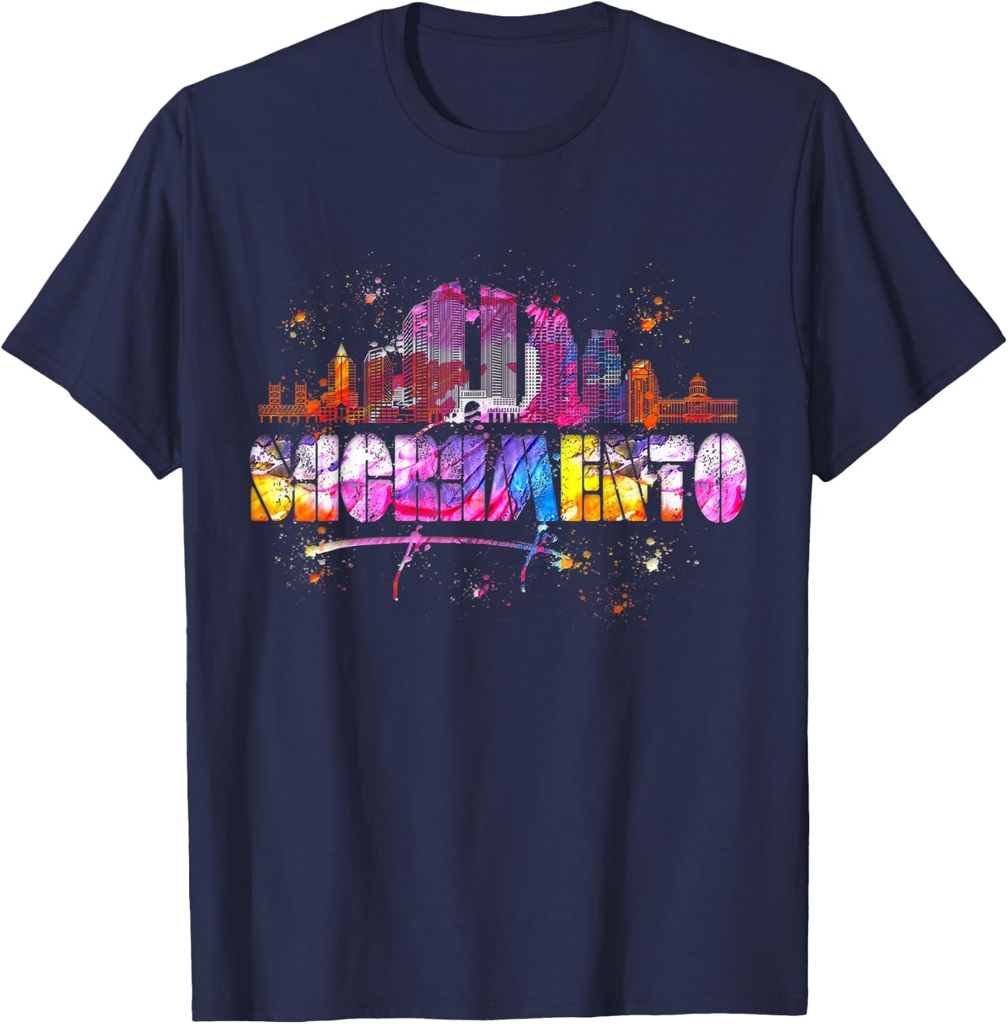 Watercolor Sacramento Skyline - Sacramento Lettering T-Shirt - T-Shirt | Navy