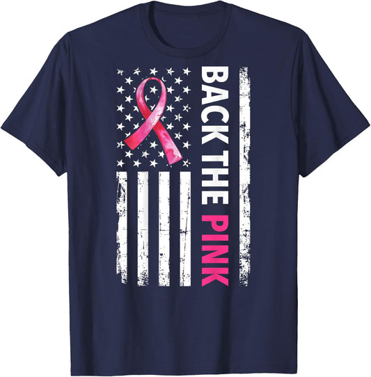 Back The Pink Ribbon USA American Flag Breast Cancer Support T-Shirt - T-Shirt | Navy