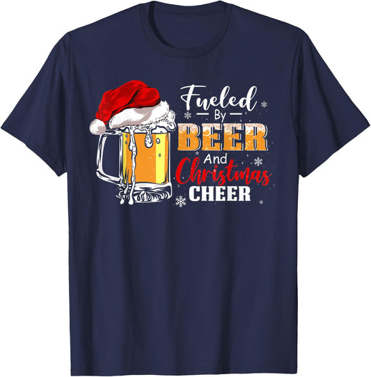Fueled By Beer And Christmas Cheer Beer Funny Christmas T-Shirt - T-Shirt | Navy