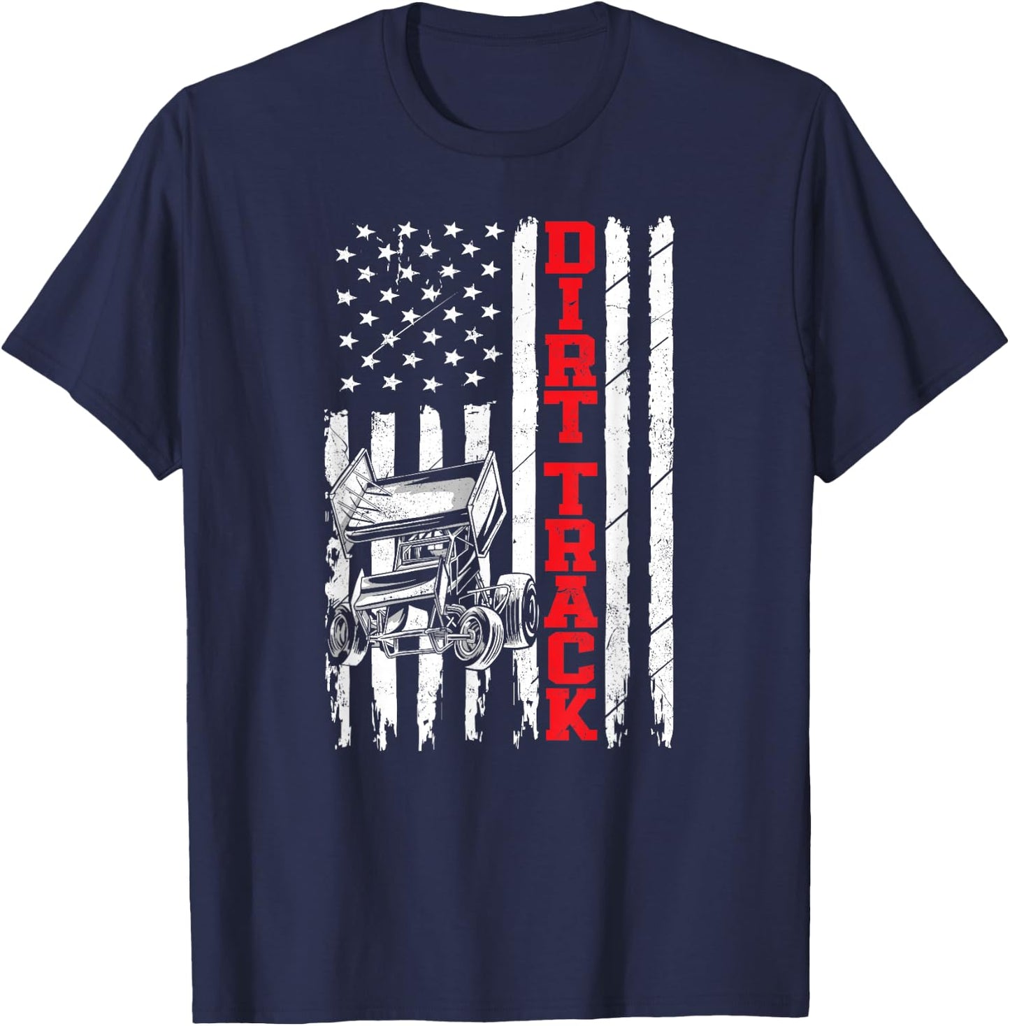 Dirt Track Racing Sprint Car Vintage Usa American Flag Dirt T-Shirt - T-Shirt | Navy