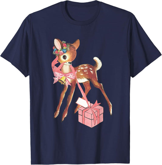 Retro Vintage Reindeer Pink Christmas Baby Deer Cottagecore T-Shirt - T-Shirt | Navy