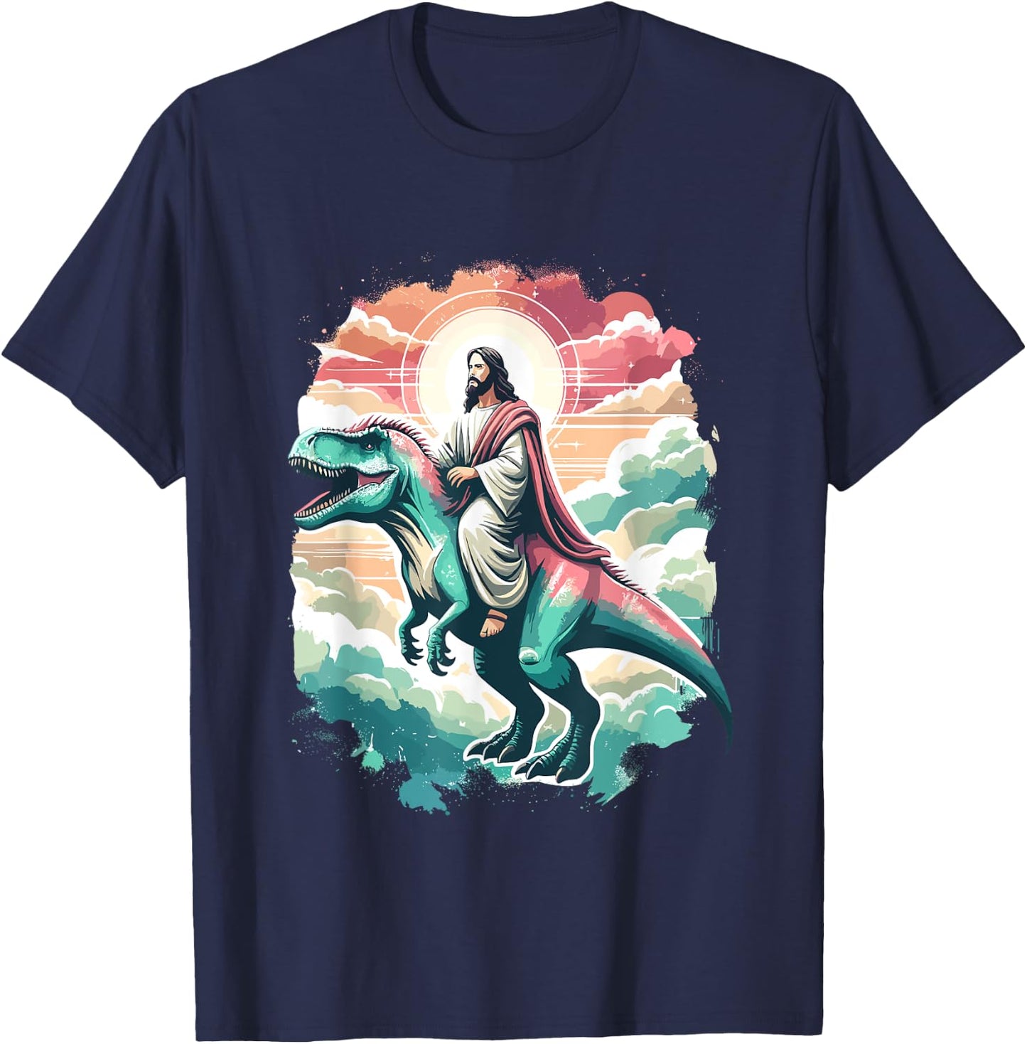 Funny Jesus Riding T-Rex Dinosaur Meme Parody for Believers T-Shirt - T-Shirt | Navy