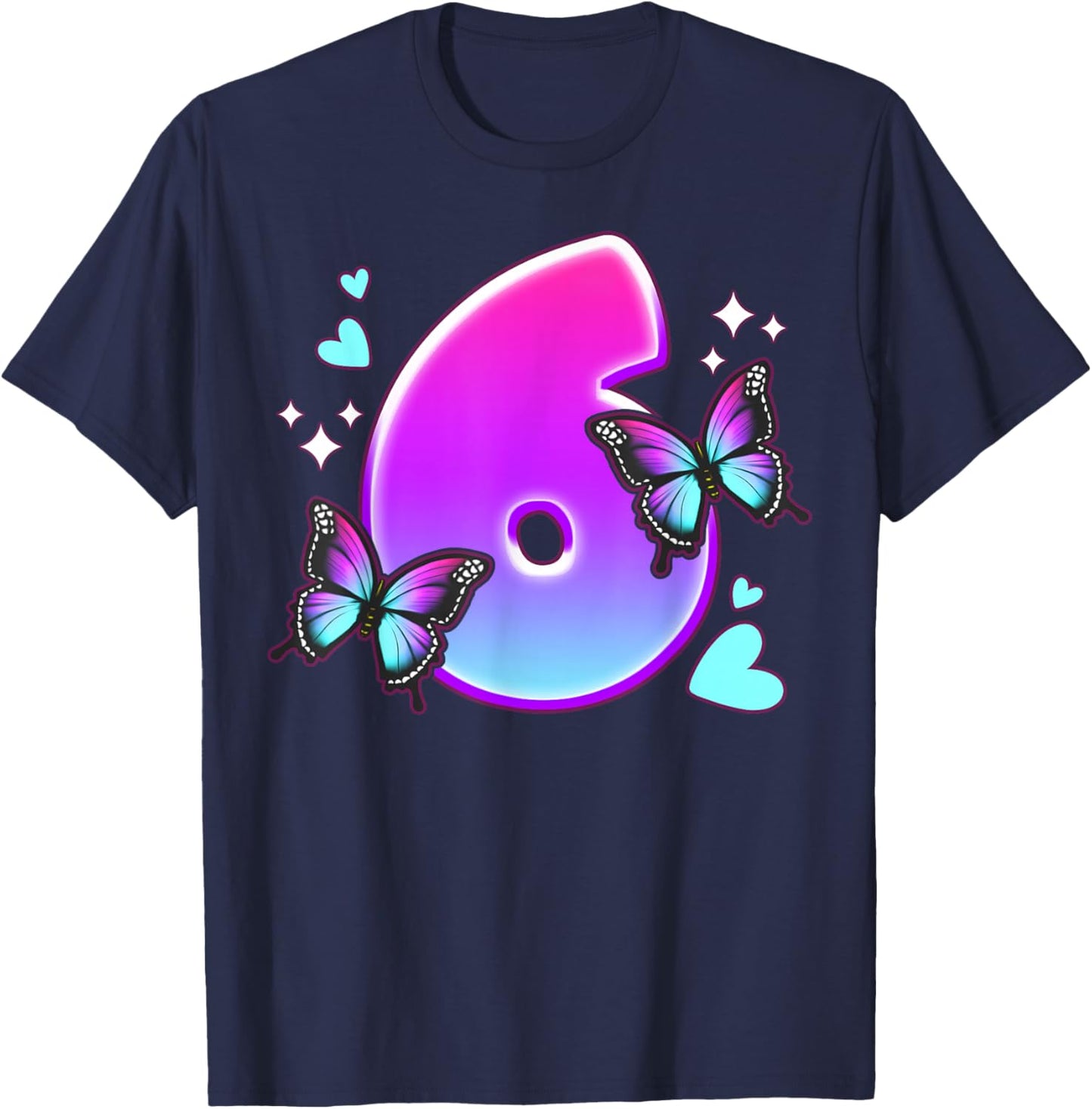 Birthday Girl 6 Years, Butterflies and Number 6 T-Shirt - T-Shirt | Navy